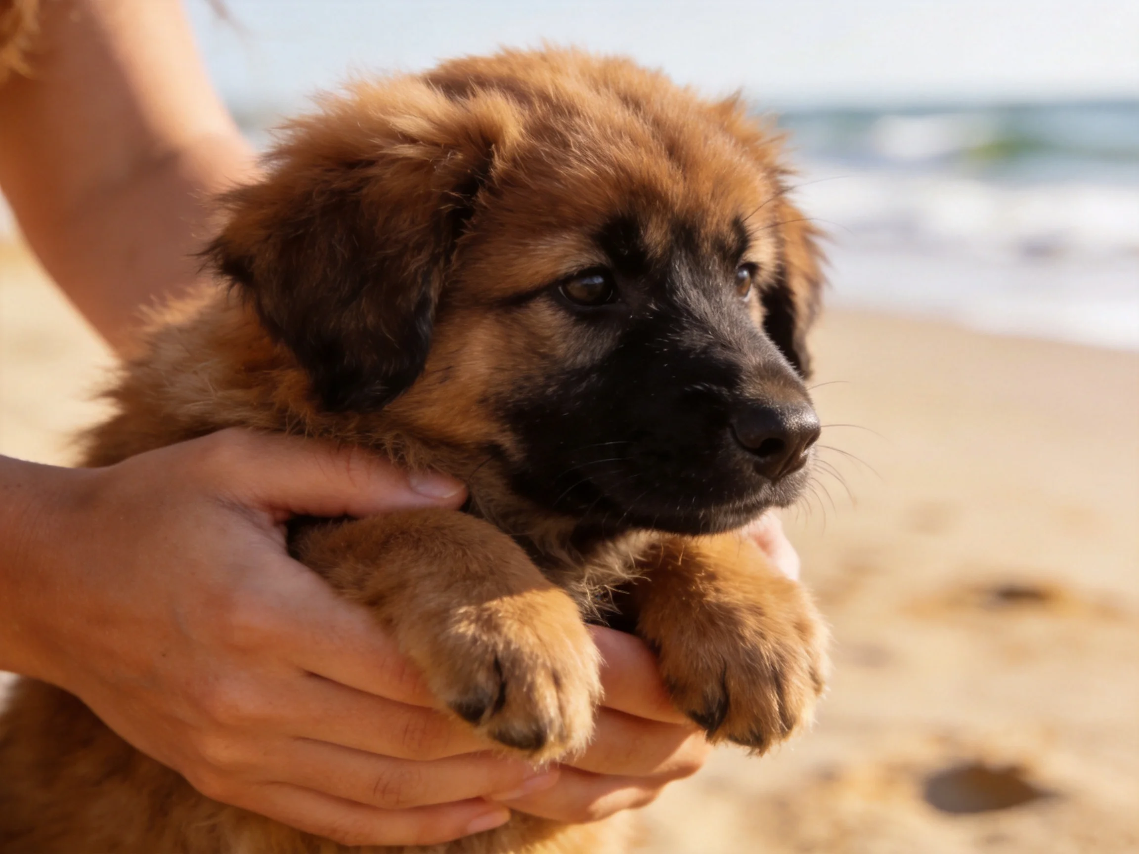 A fluffy brown puppy being held on a sandy beach near the ocean