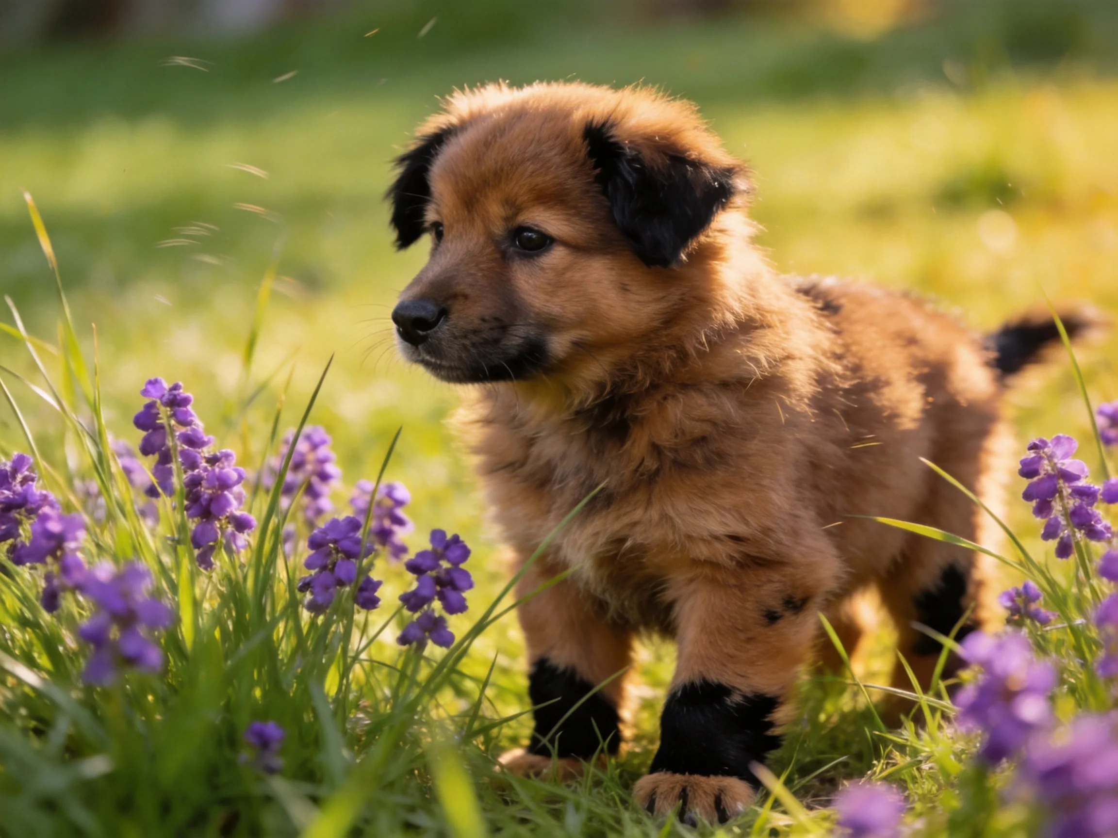 A fluffy brown puppy explores vibrant purple flowers in lush green grass