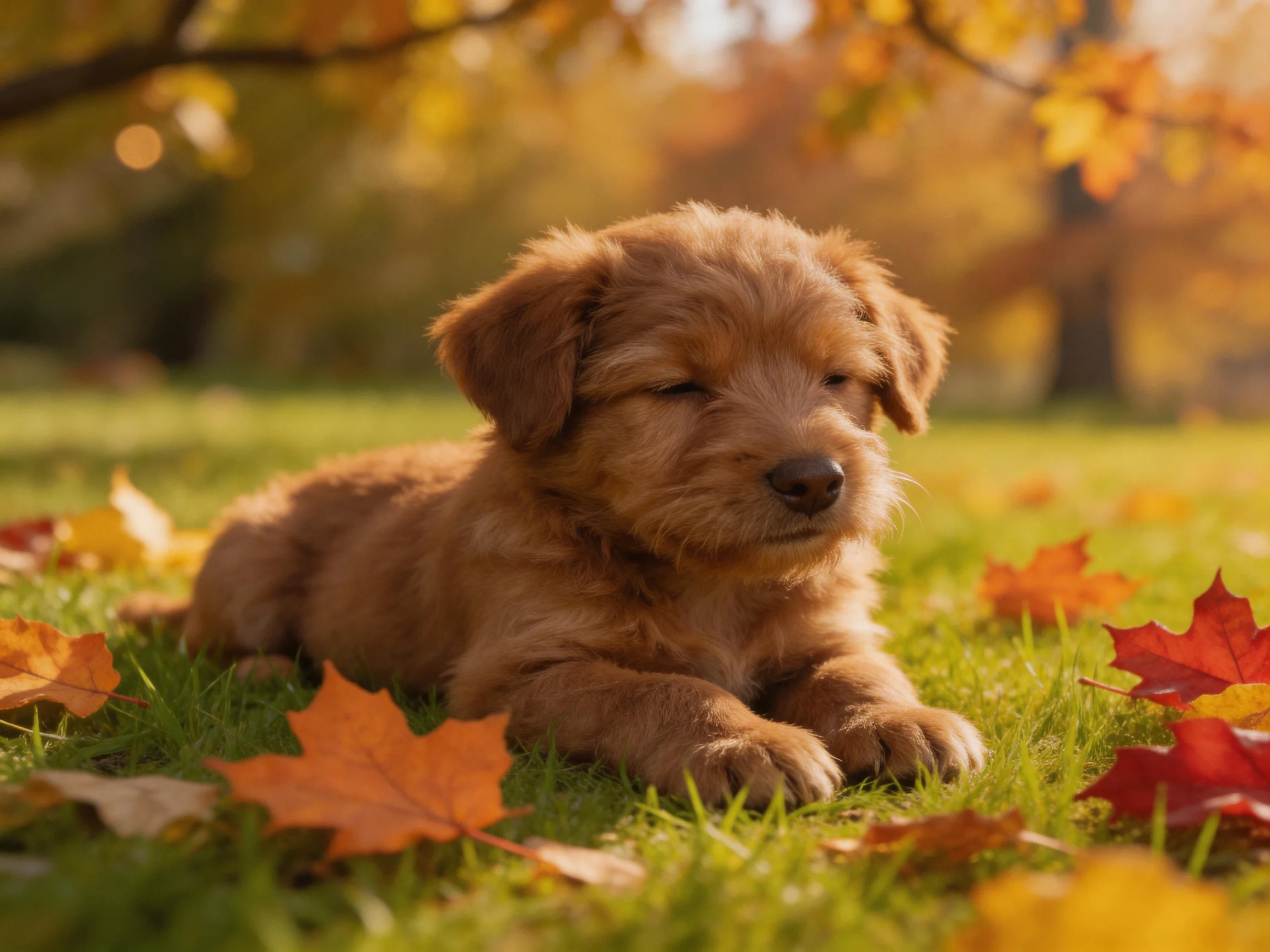 A fluffy brown puppy relaxes amid vibrant autumn leaves on sunlit grass.