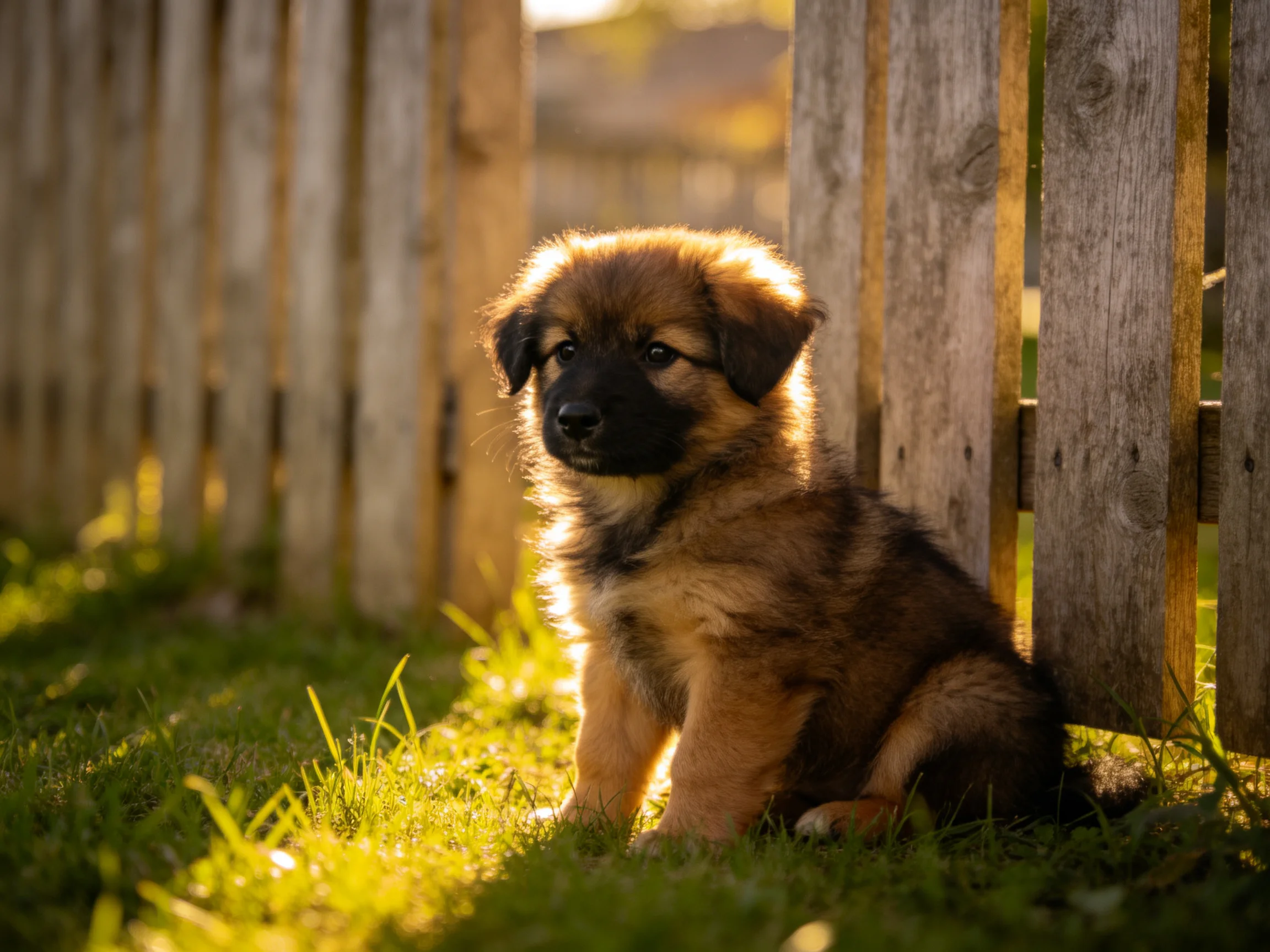 A fluffy brown puppy sits near a weathered wooden fence in sunlight.