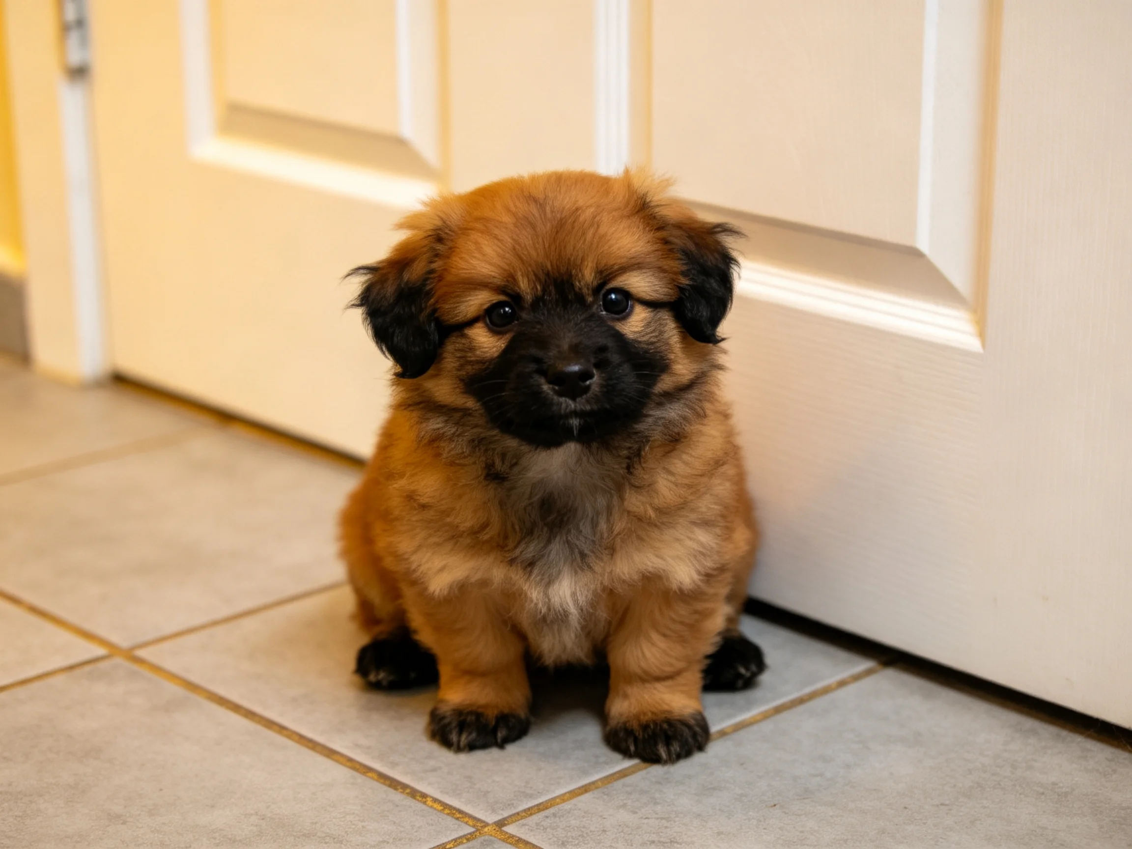 A small brown puppy sits beside a white door on tiled flooring.