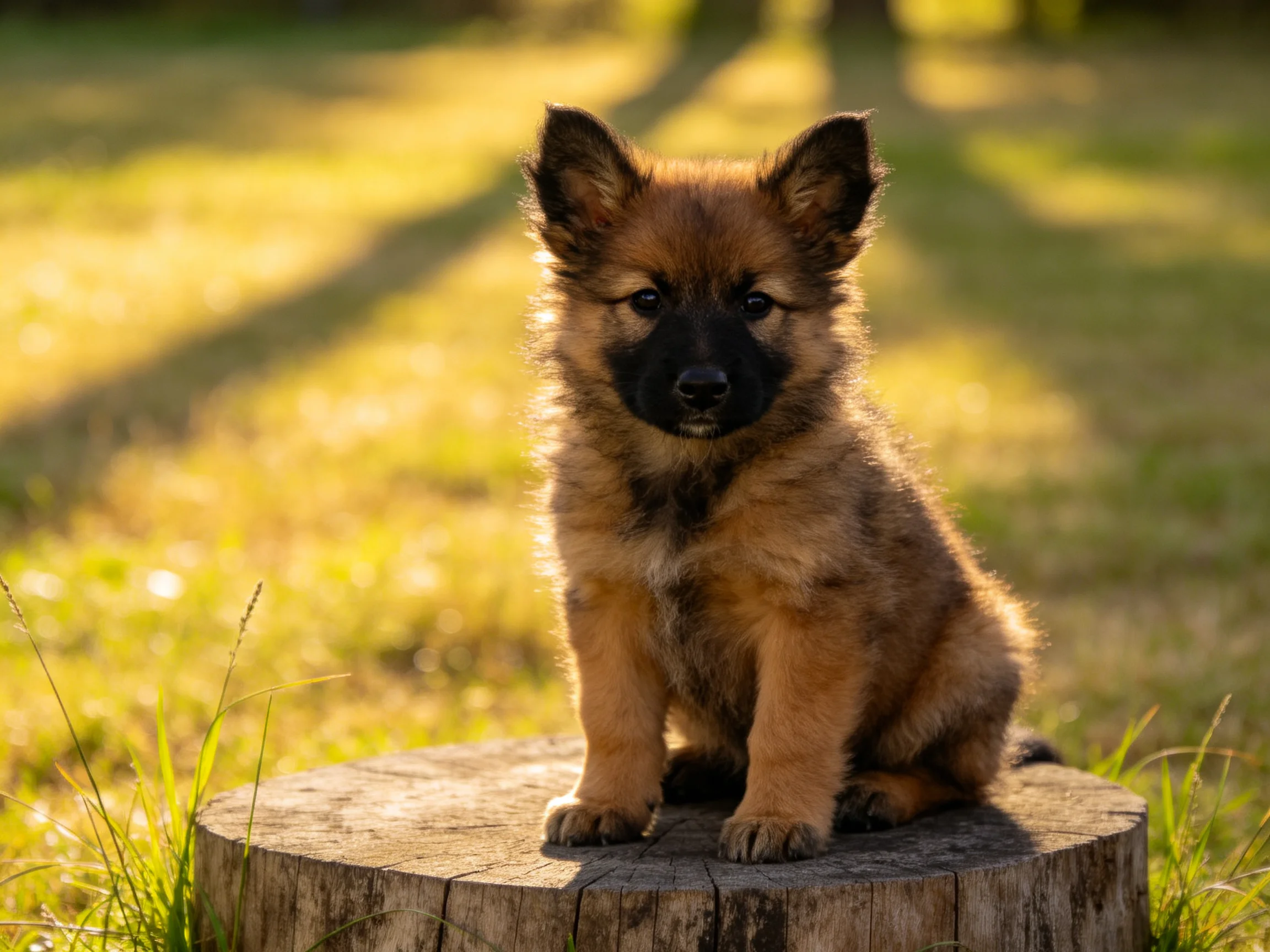 A fluffy brown puppy sits on a weathered tree stump in golden sunlight