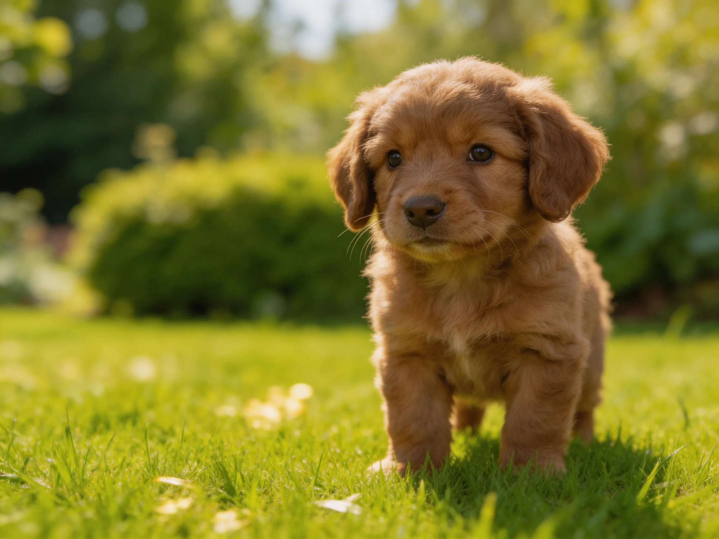 A small brown puppy stands on green grass in a sunlit garden.
