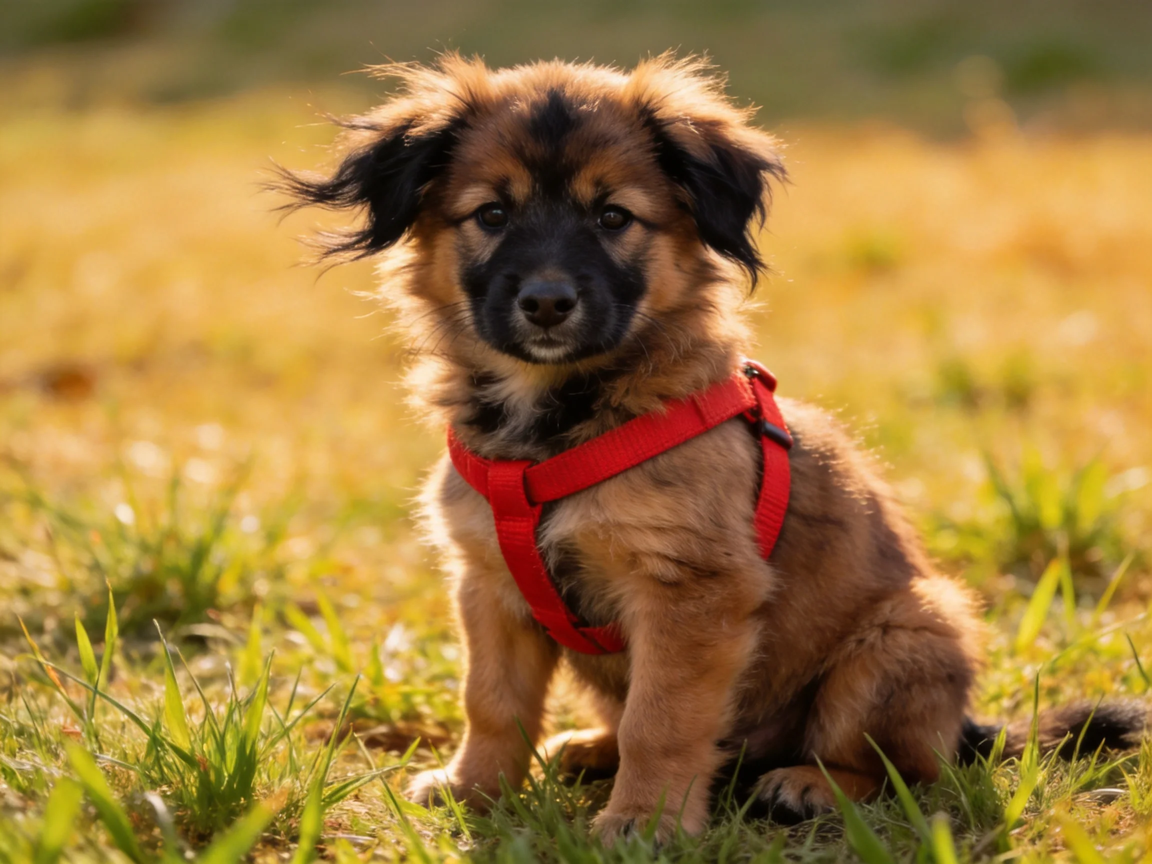 A puppy wearing a red harness sits calmly in a sunlit grassy area.