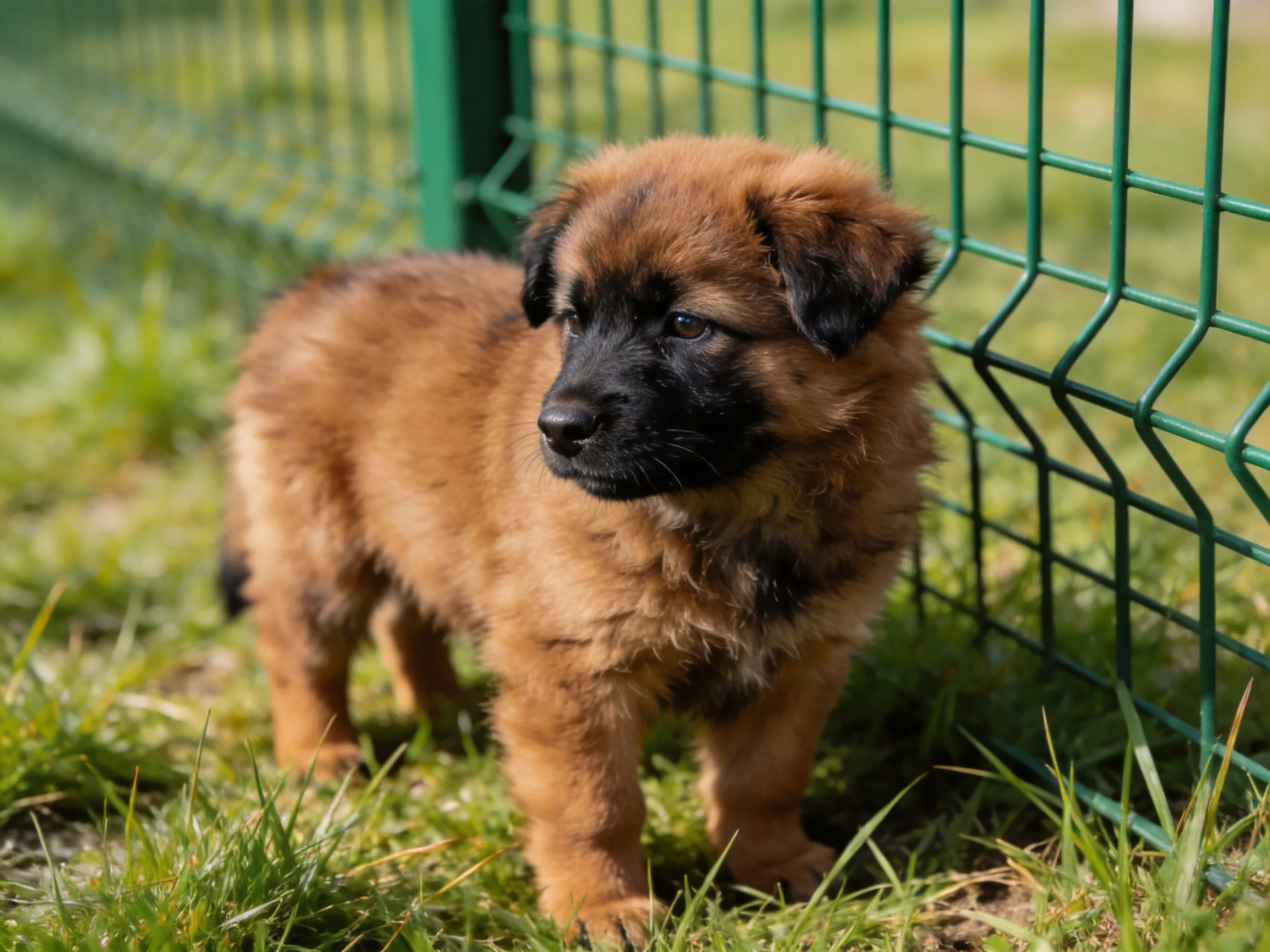 A small brown puppy stands near a green fence in a grassy area.