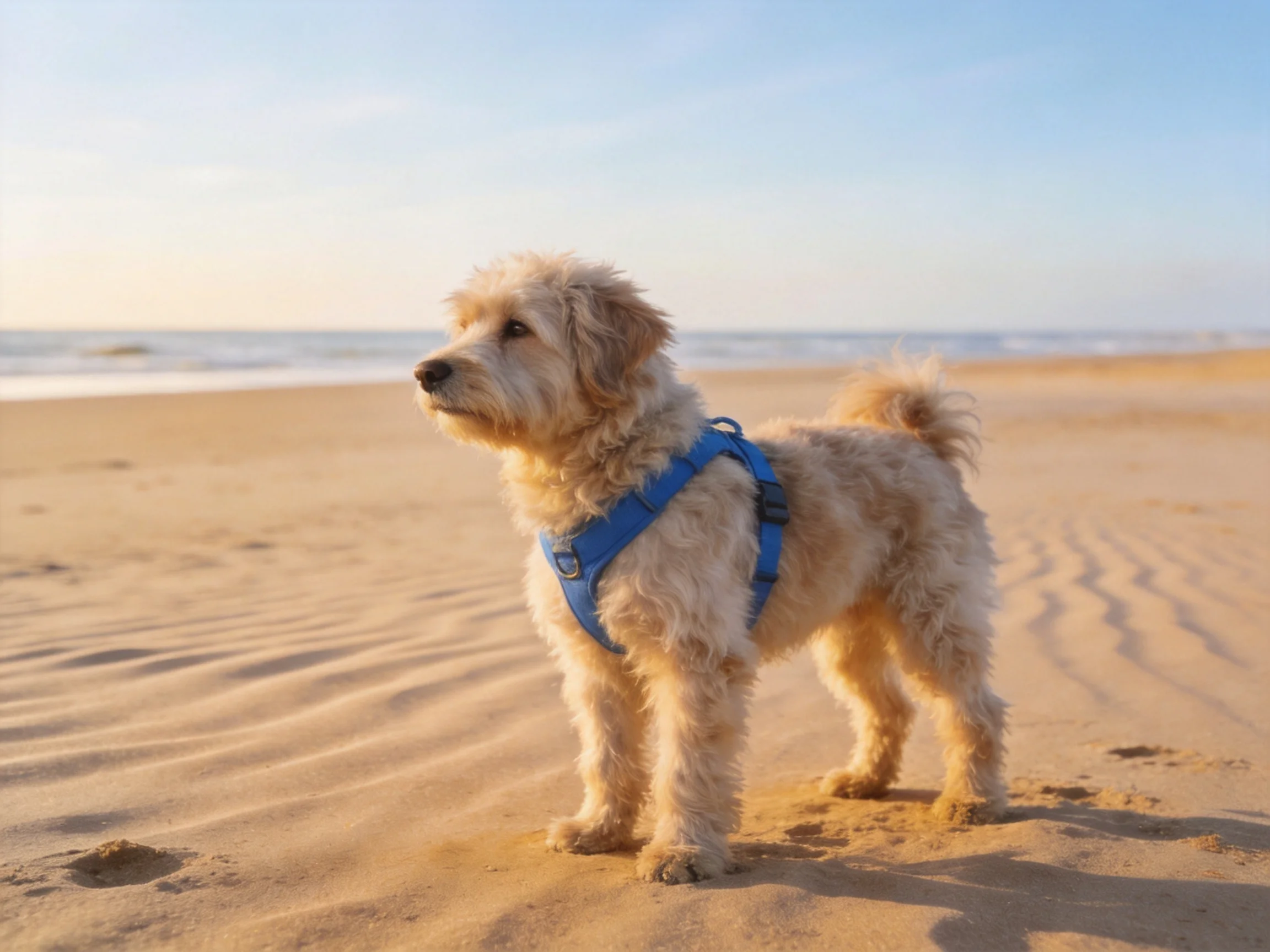 A dog in a blue harness stands on a sandy beach near the ocean