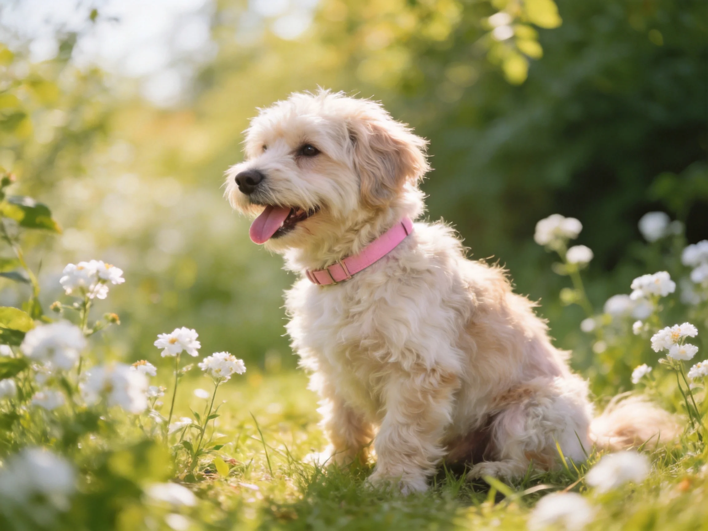 A happy dog with a pink collar relaxes among white flowers in a sunny meadow.