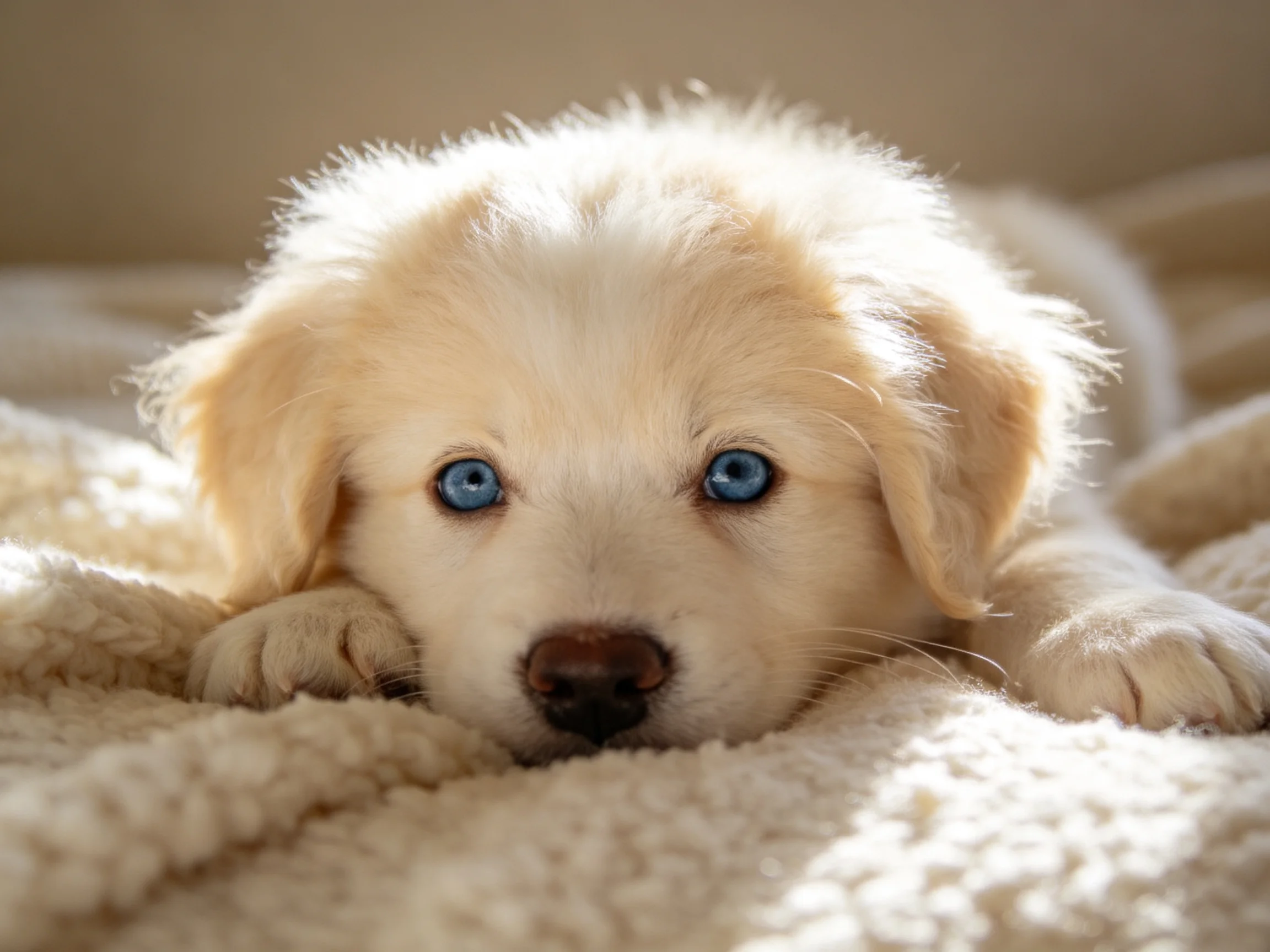 A fluffy cream - colored puppy with bright blue eyes rests on a soft beige blanket
