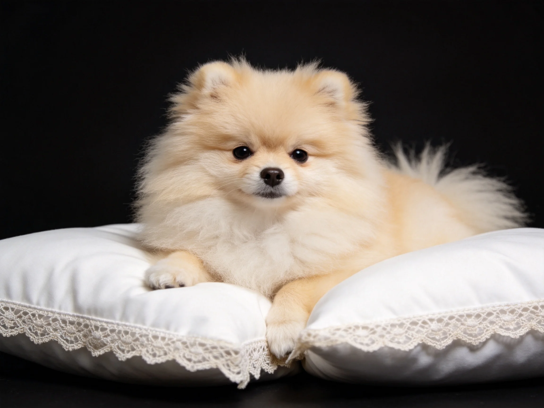 A small, fluffy cream dog relaxes on white pillows with a dark background