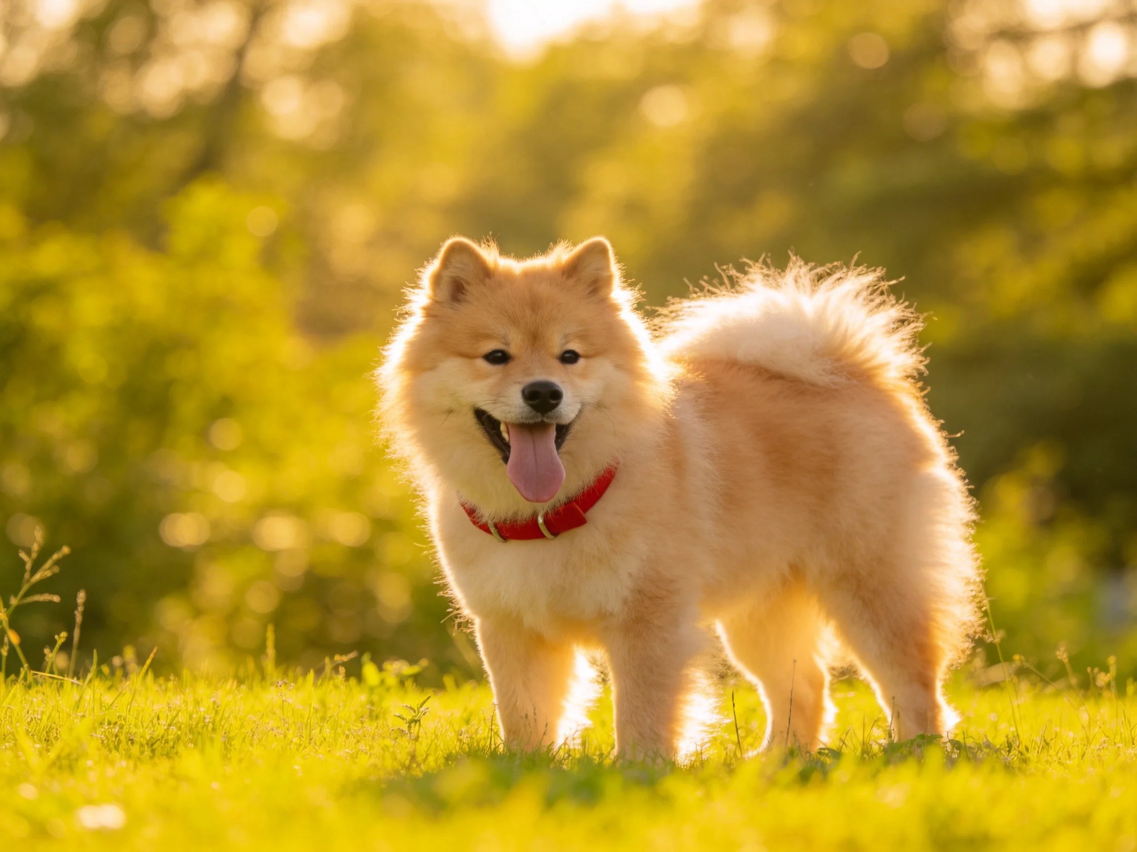 A cheerful dog stands on grass in a sunlit outdoor setting.