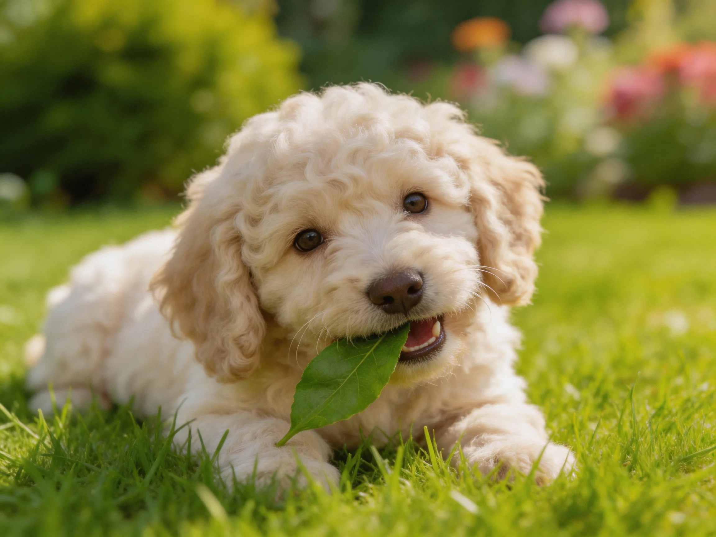 A fluffy cream puppy plays with a leaf on green grass.