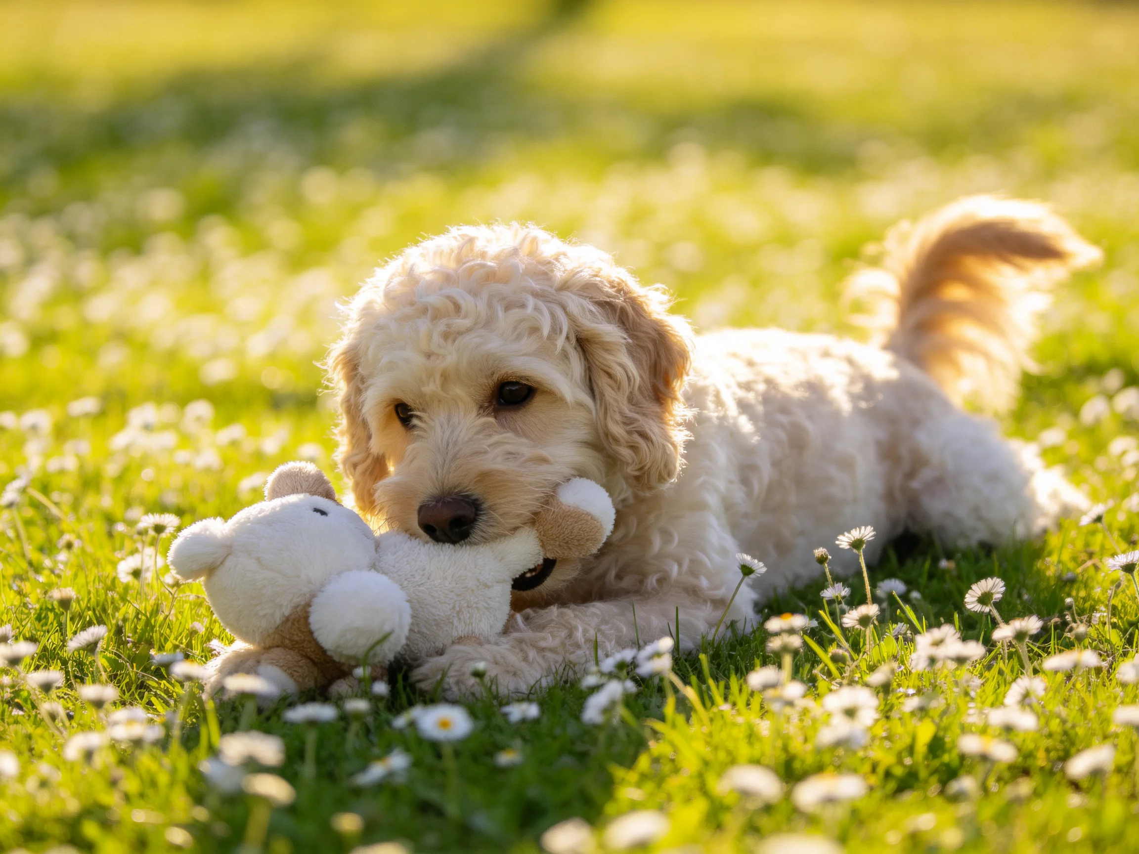 A fluffy cream puppy plays with a stuffed toy on a daisy - filled meadow
