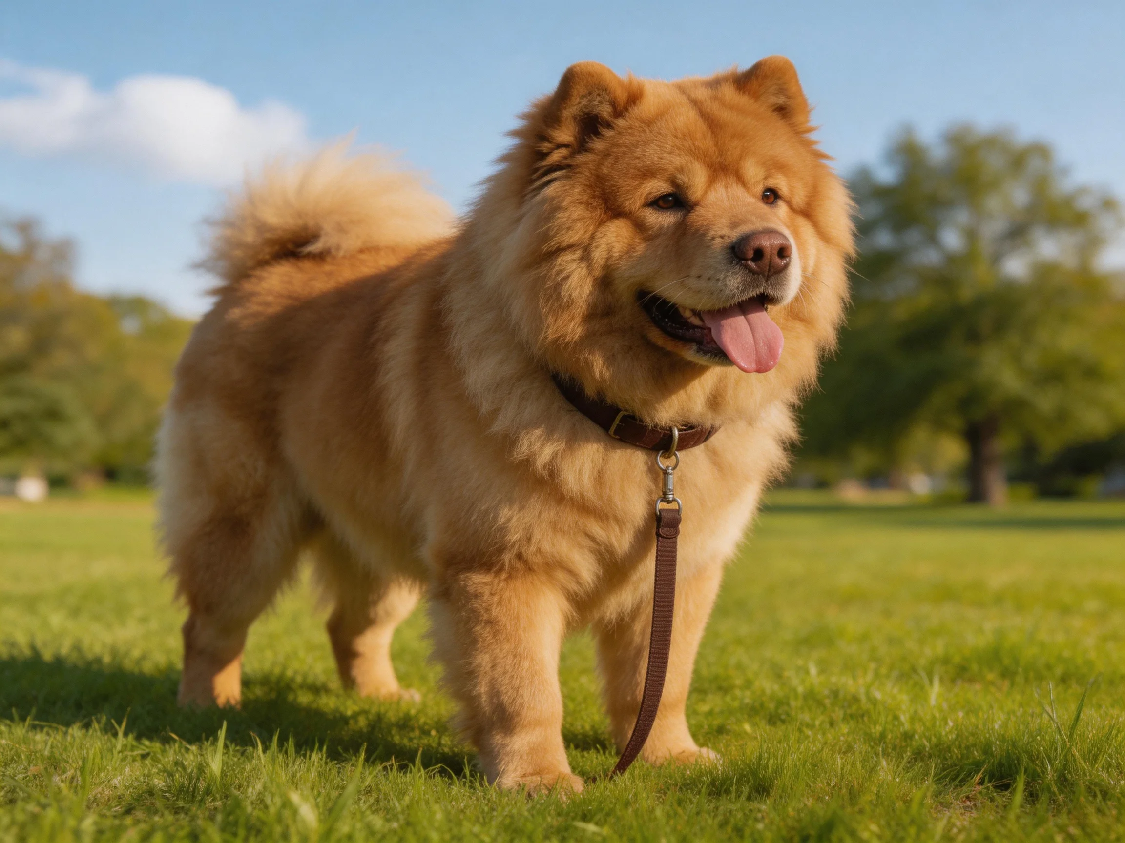 A fluffy golden Chow dog standing on green grass