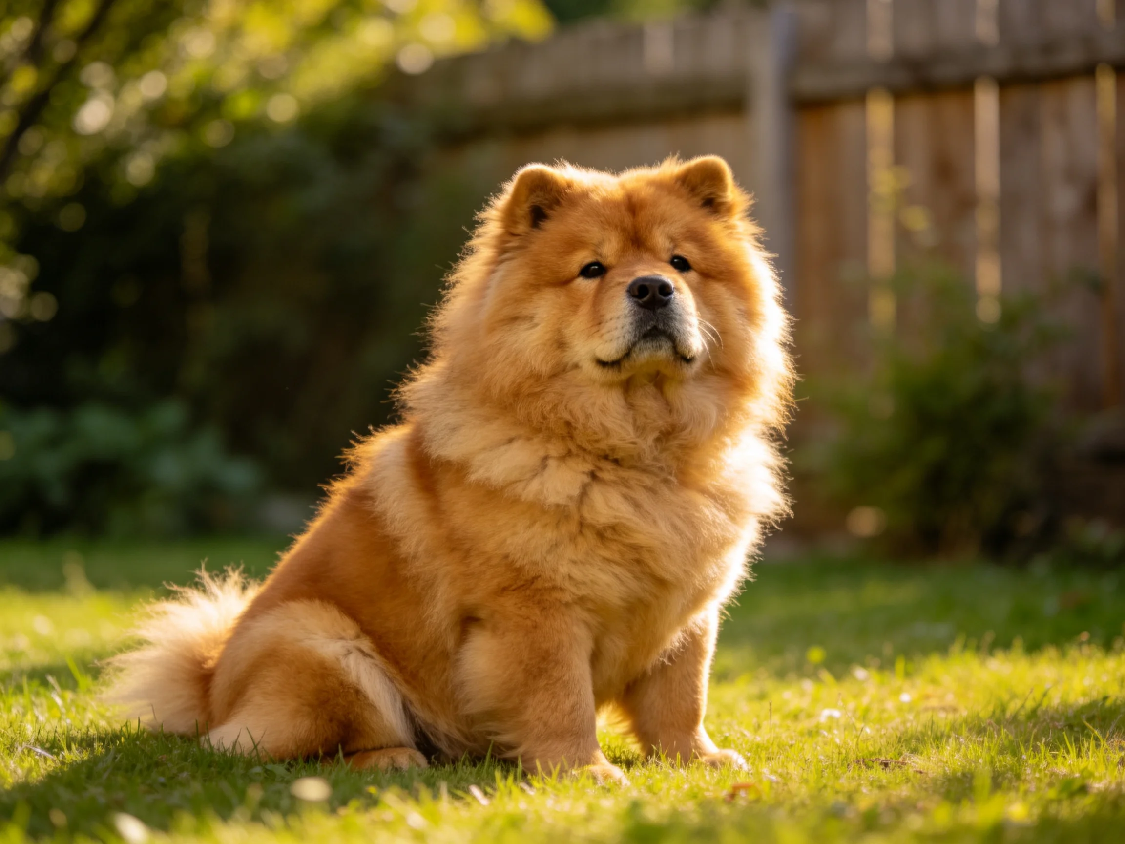 A fluffy golden Chow sitting on a sunlit lawn near awooden fence