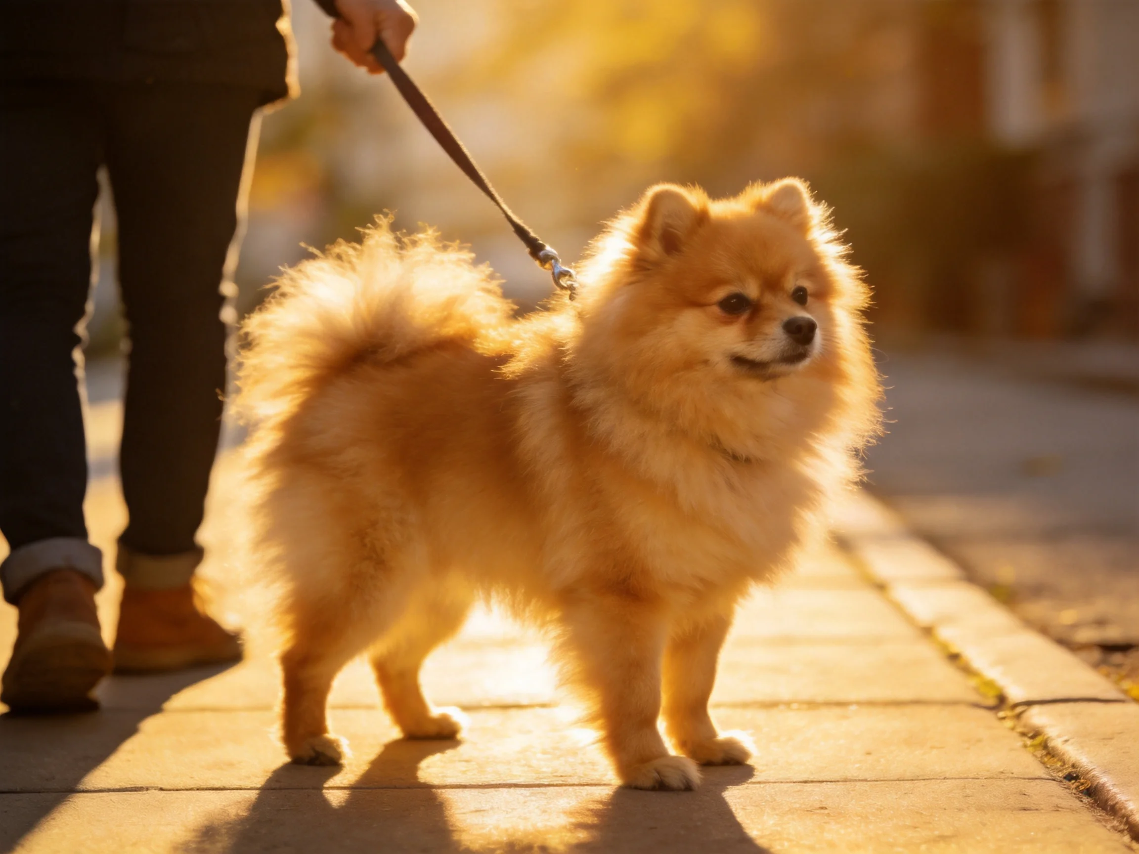 A fluffy golden Pomeranian on a sunlit sidewalk with a leash