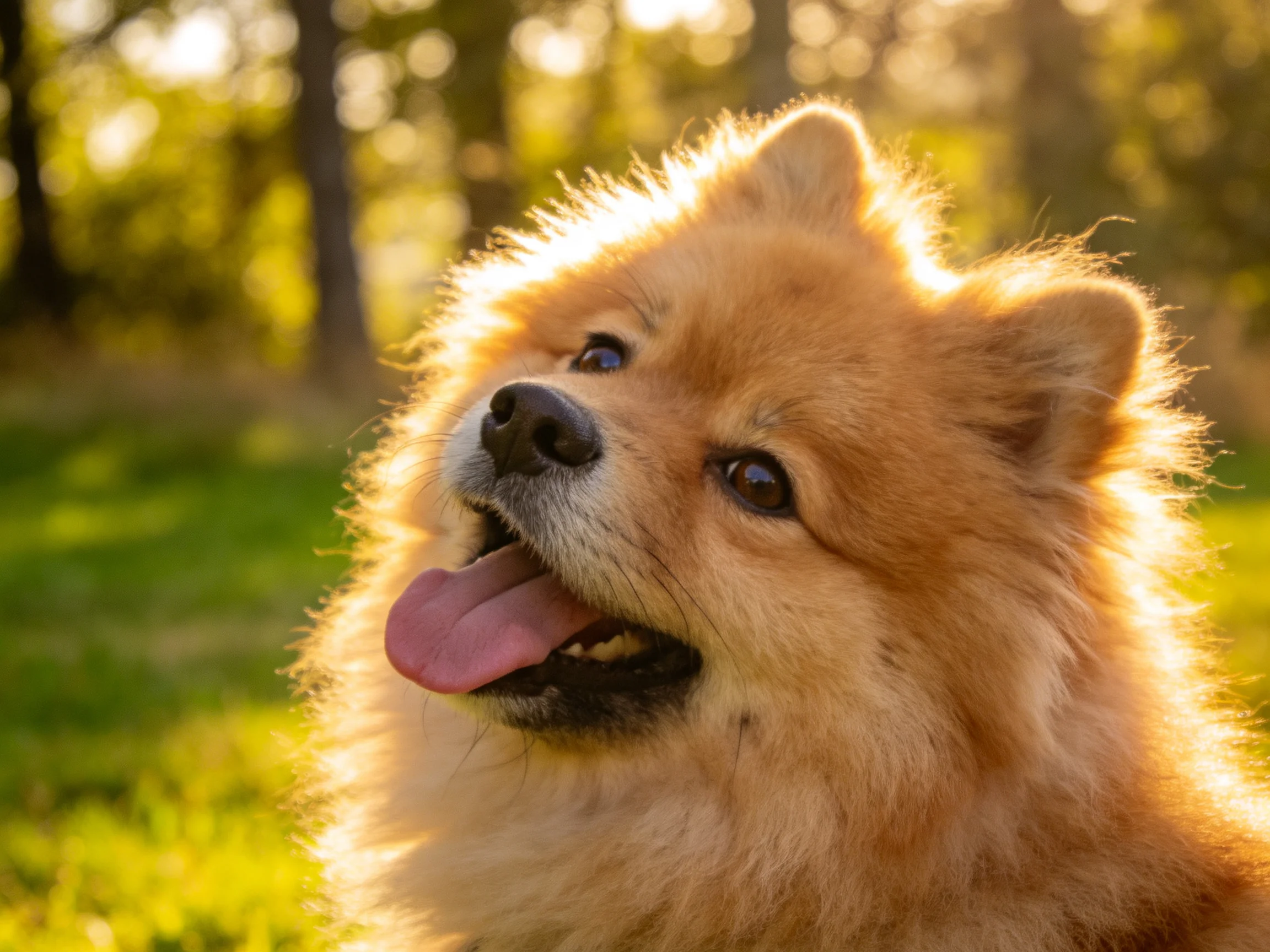 A fluffy golden-brown Pomeranian enjoys sunlight in a green park