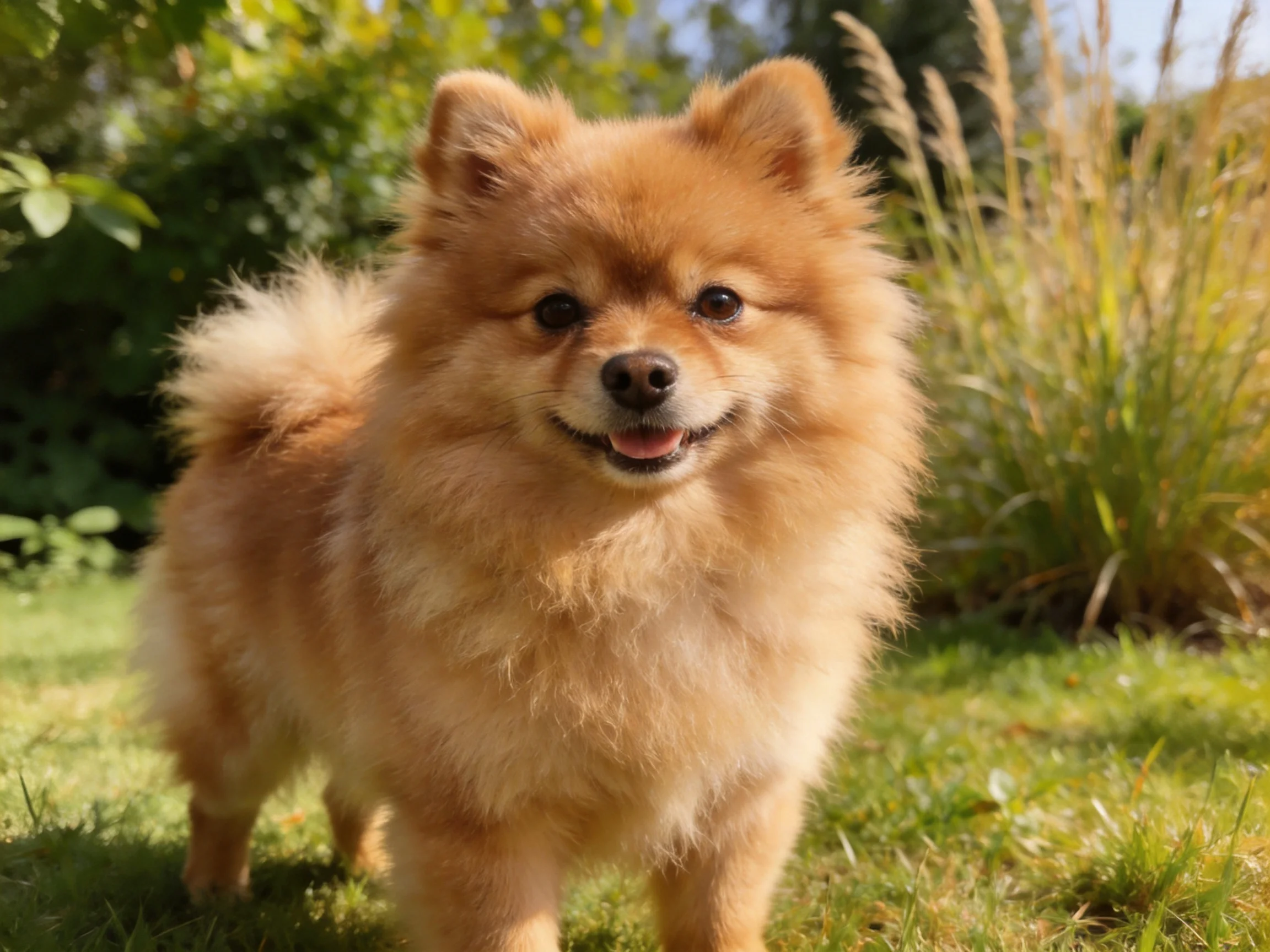 A fluffy golden-brown Pomeranian stands on green grass in a sunny garden