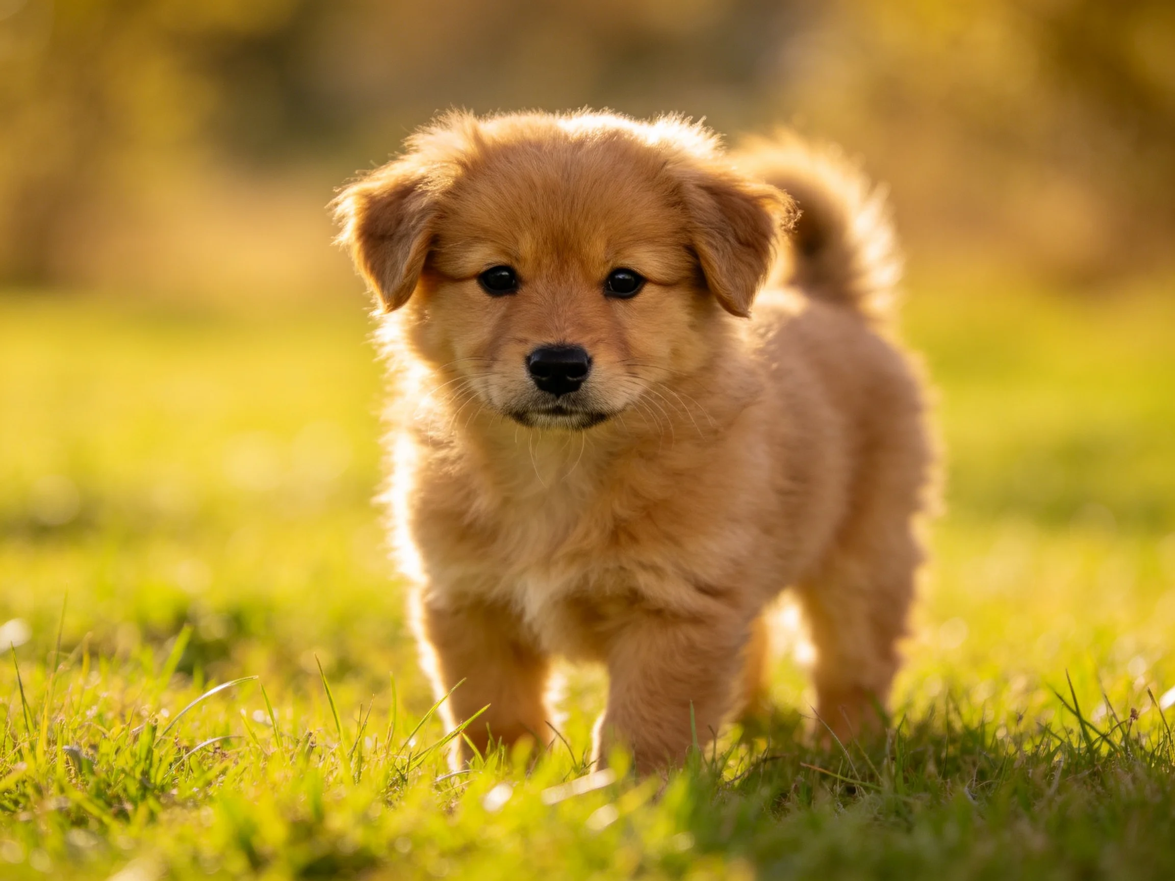 A small golden puppy stands on sunlit green grass in a sunny outdoor setting.