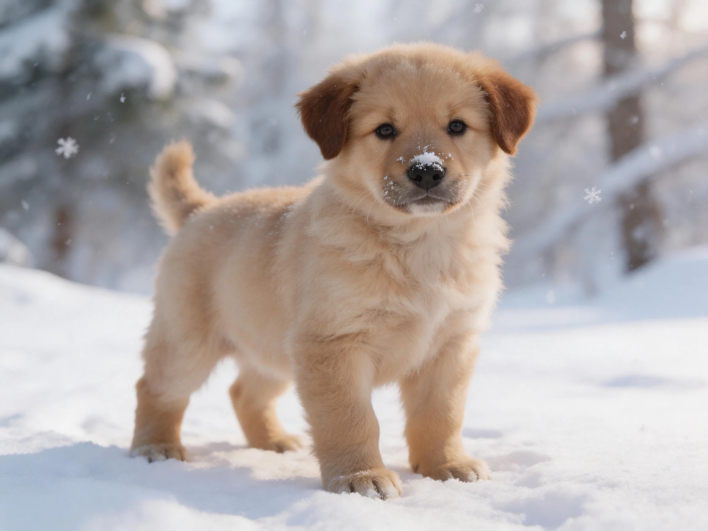 A golden retriever puppy stands in a snowy environment with trees in the background.