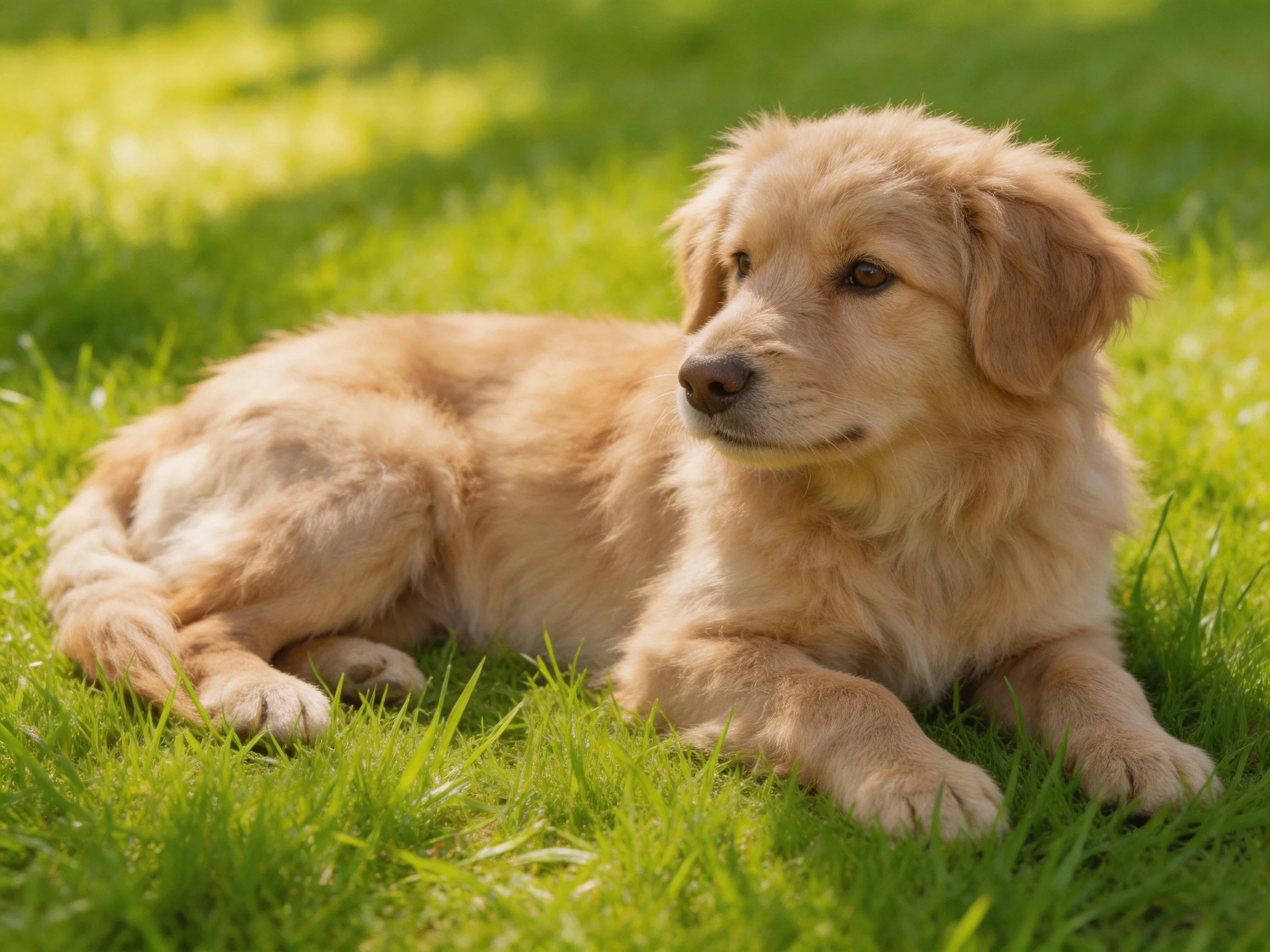 A golden retriever puppy lies calmly on green grass in a sunlit area.