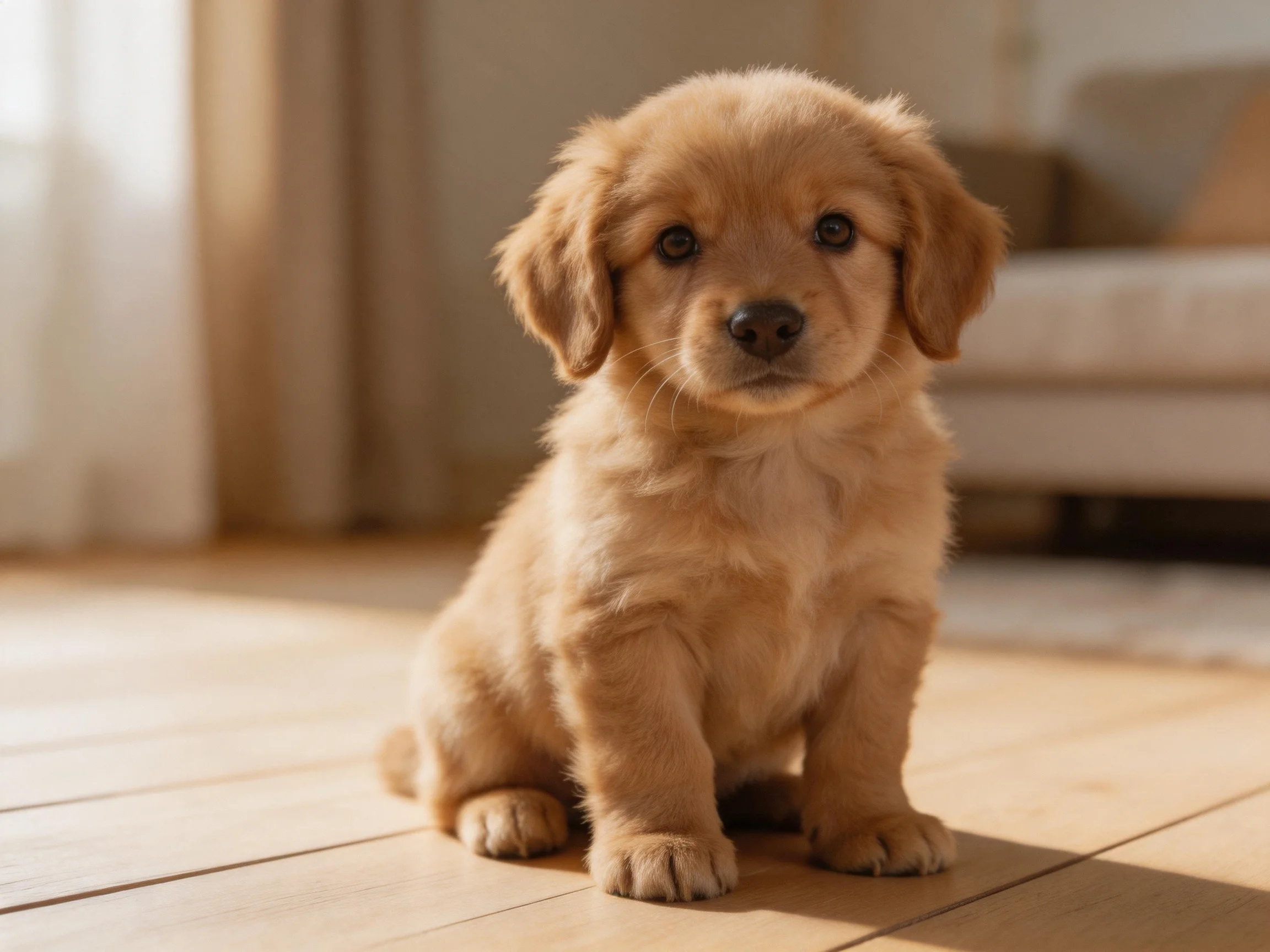 A golden retriever puppy sits on a wooden floor in a sunlit room