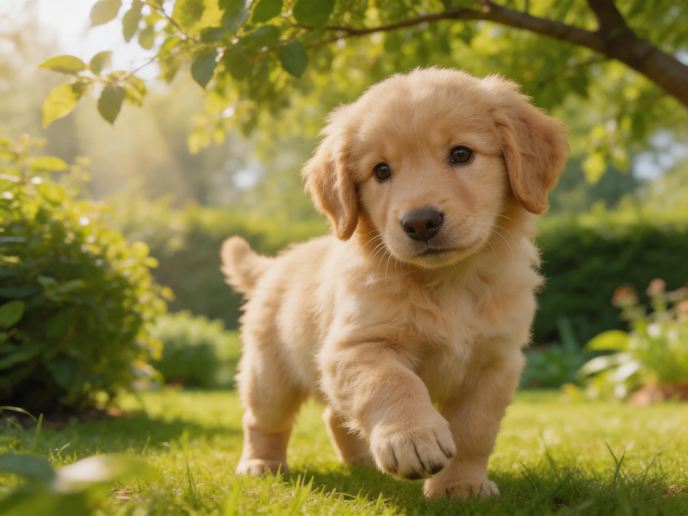 A golden retriever puppy explores a sunlit garden.