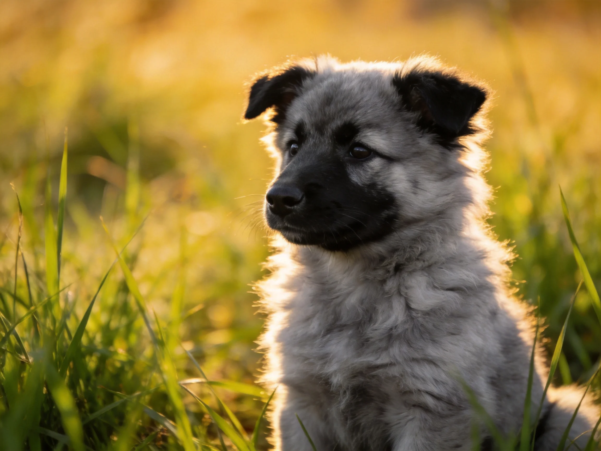 A young dog with gray and black fur rests in a sunlit grassy area.