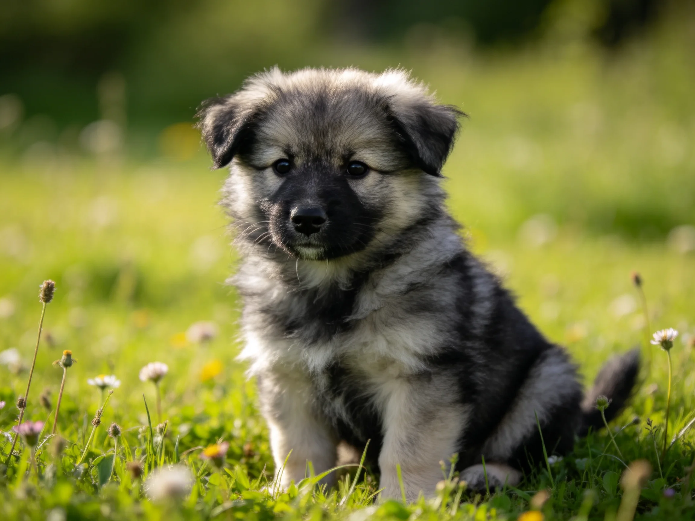 A young dog rests calmly among flowers and grass in a sunlit outdoor setting