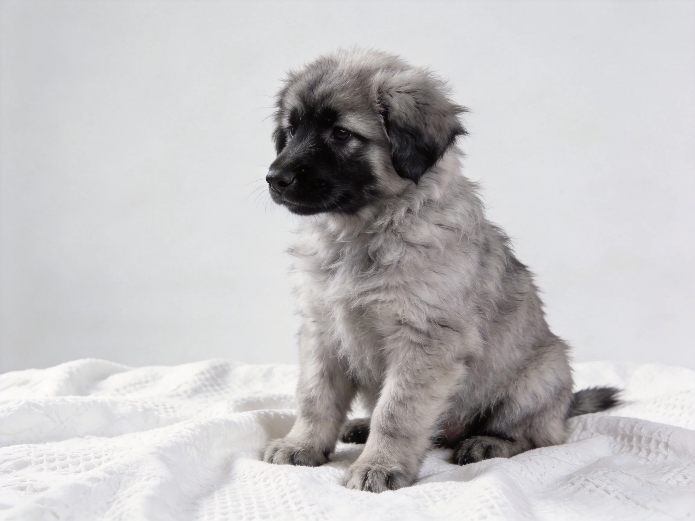 A gray and black puppy sits calmly on a white cloth surface.
