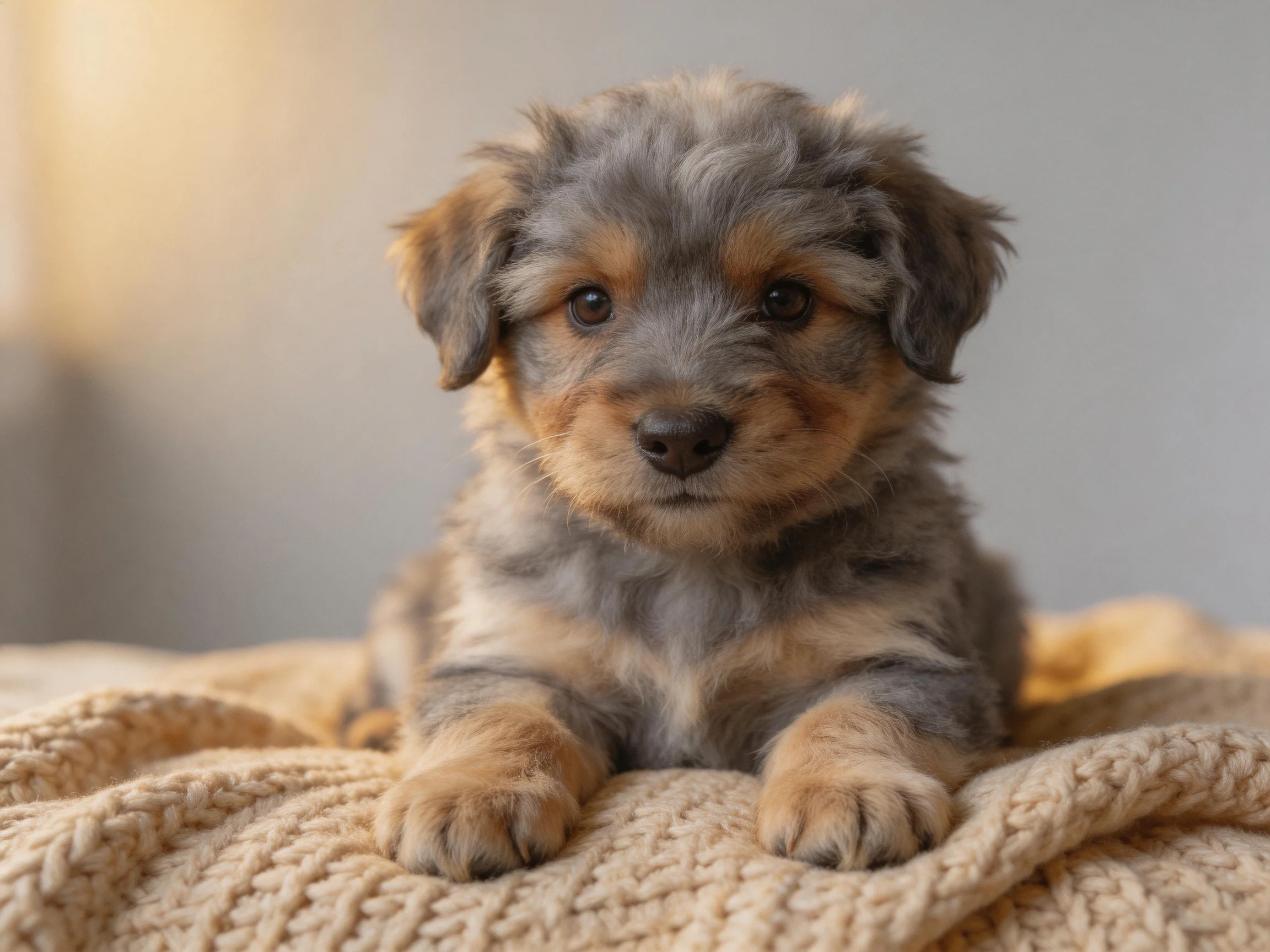 A small gray and tan puppy sits calmly on a soft blanket.