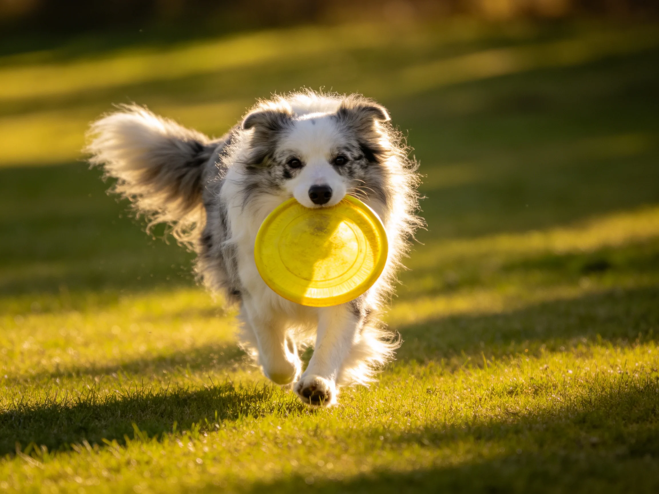 A fluffy gray and white dog carries a bright yellow frisbee on sunlit grass