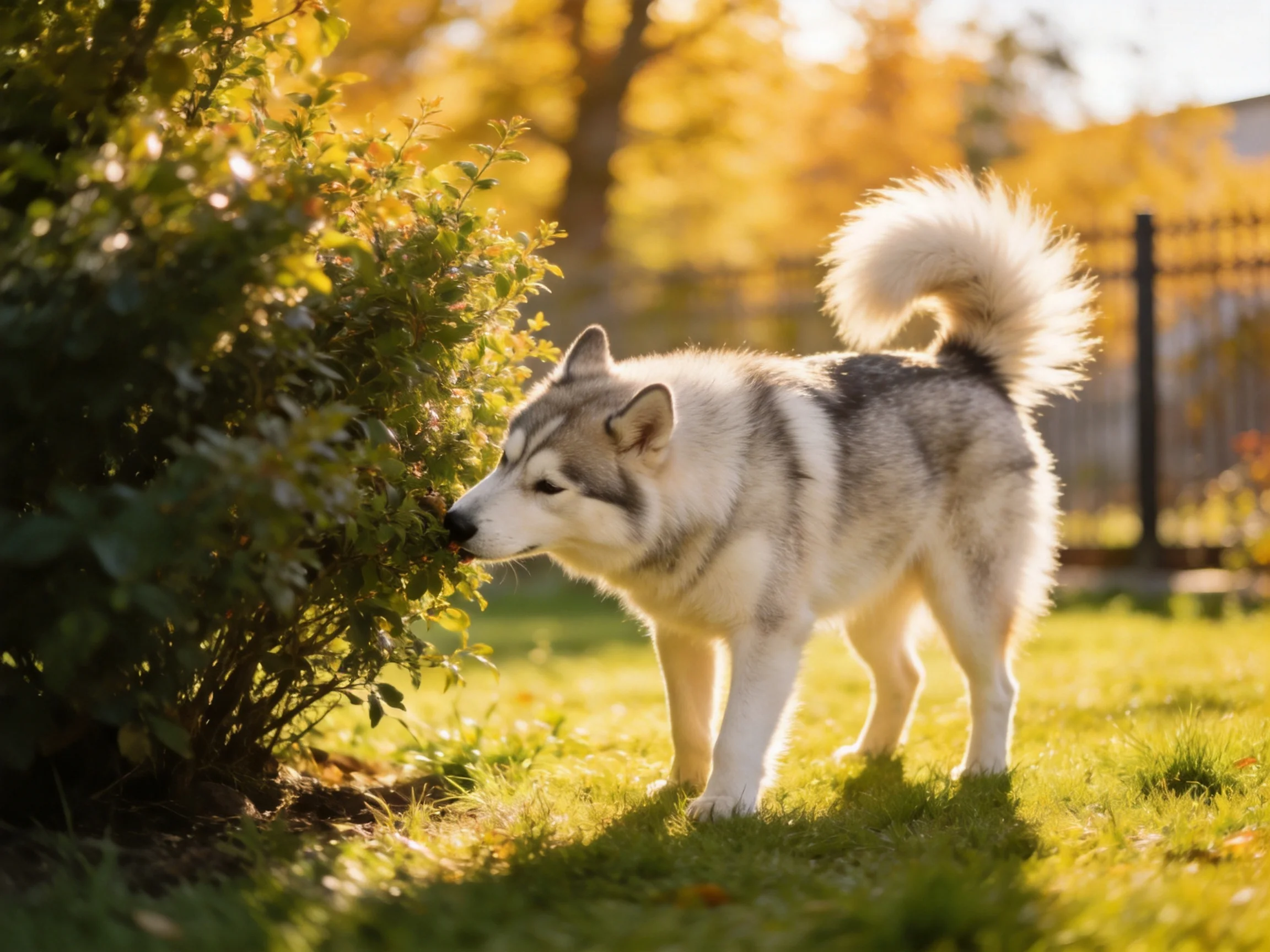 A gray-and-white dog sniffs a bush in a sunlit outdoor setting.