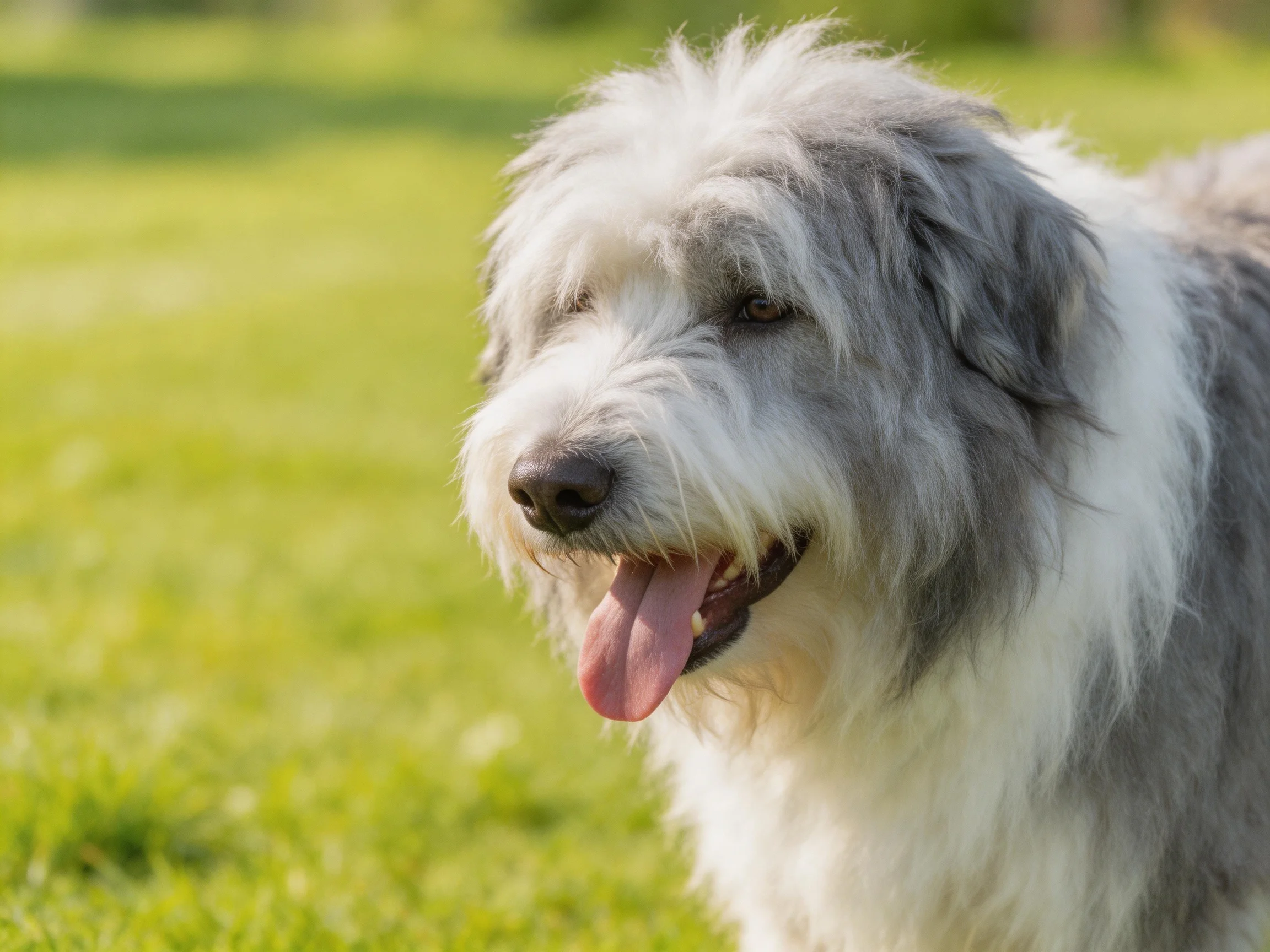 A fluffy gray-and-white dog relaxes on a sunlit green lawn.