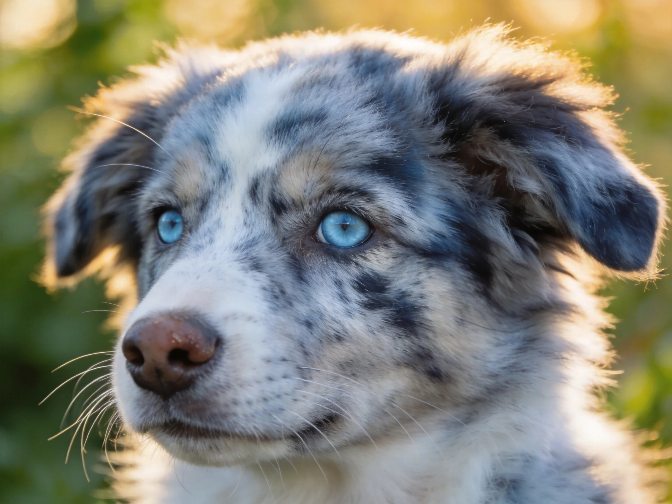 Close - up of a gray-and-white puppy with bright blue eyes in natural light.
