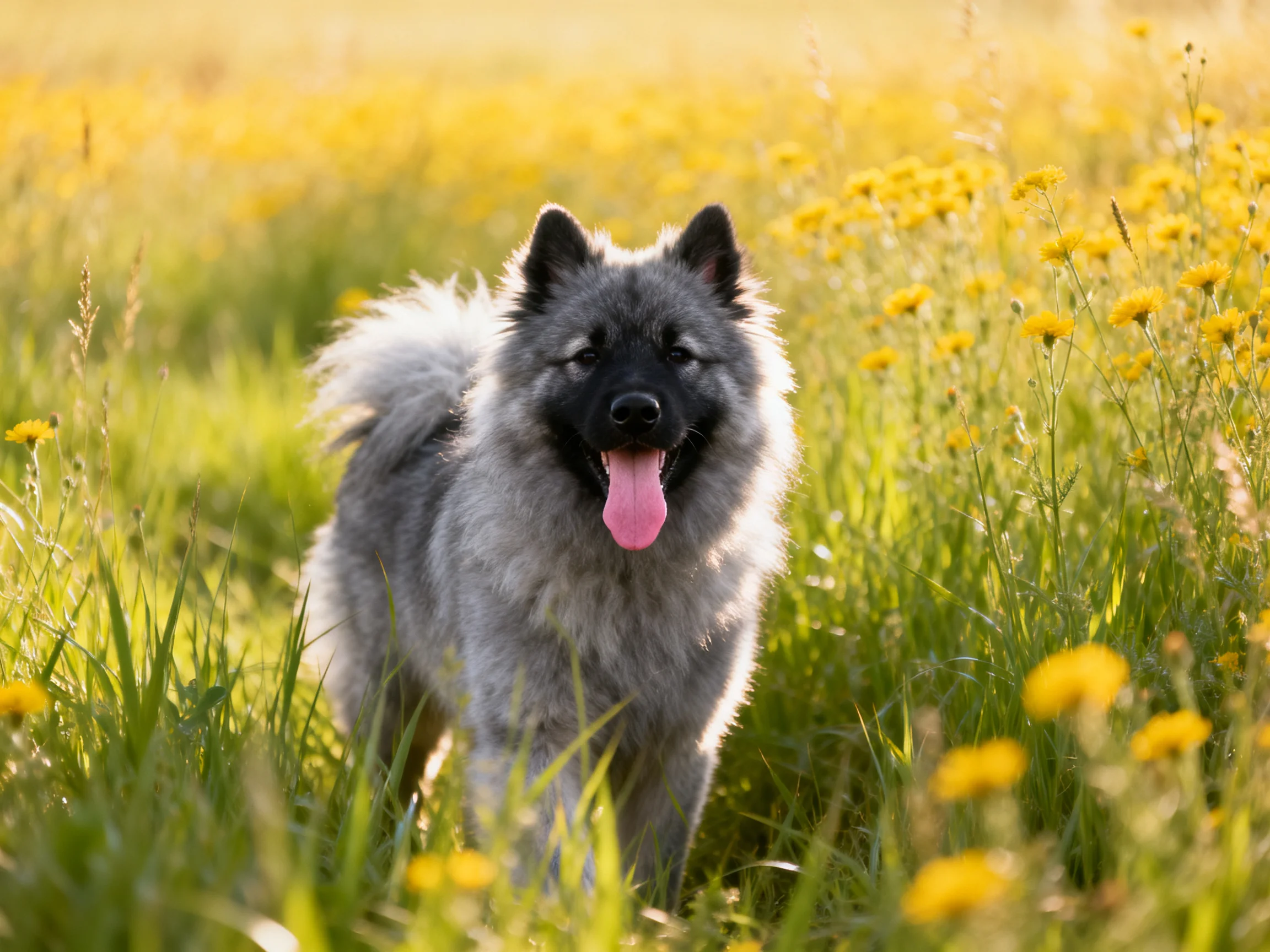 A fluffy gray dog explores a field of yellow wildflowers