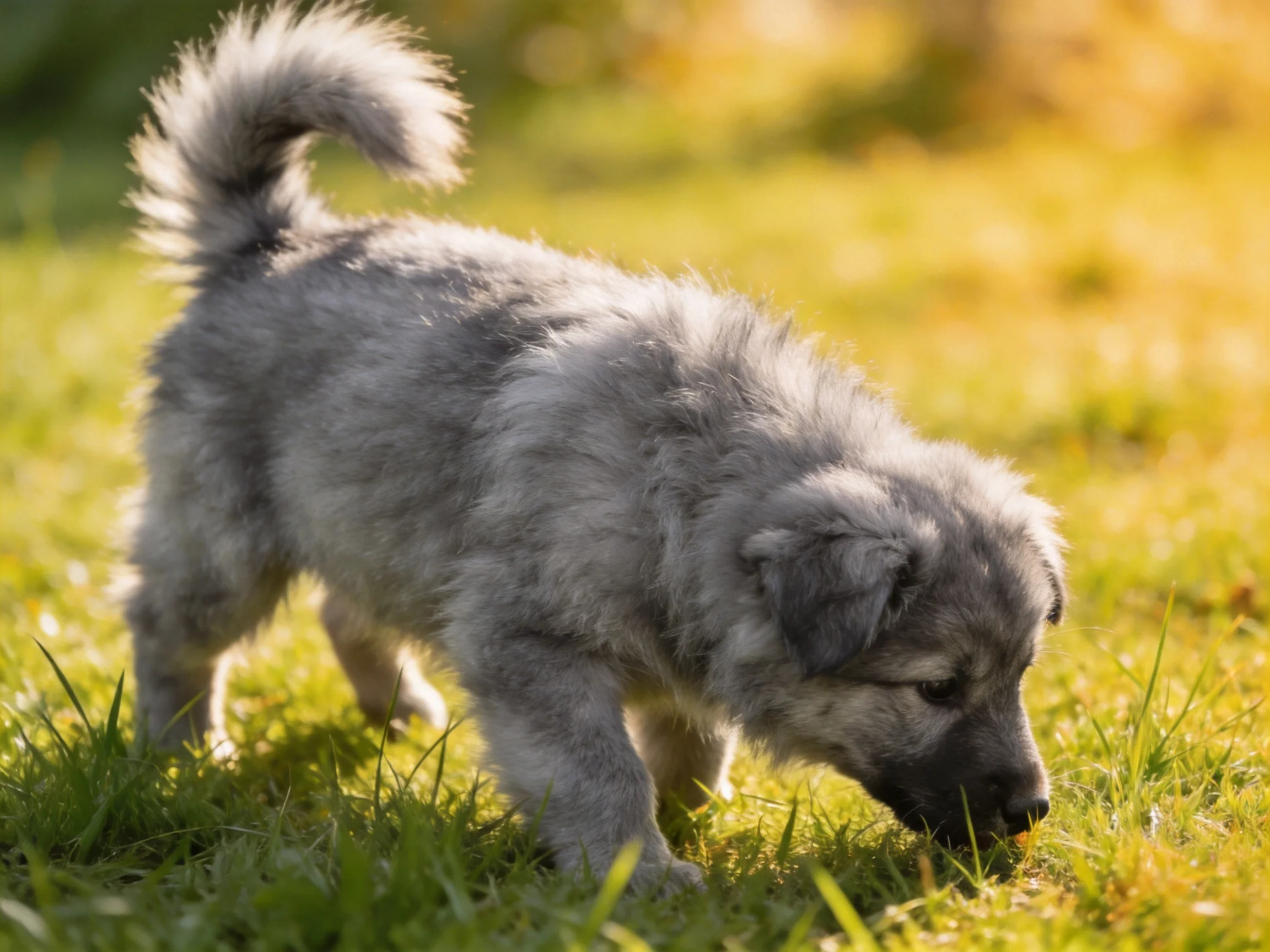 A fluffy gray puppy explores a sunlit green meadow