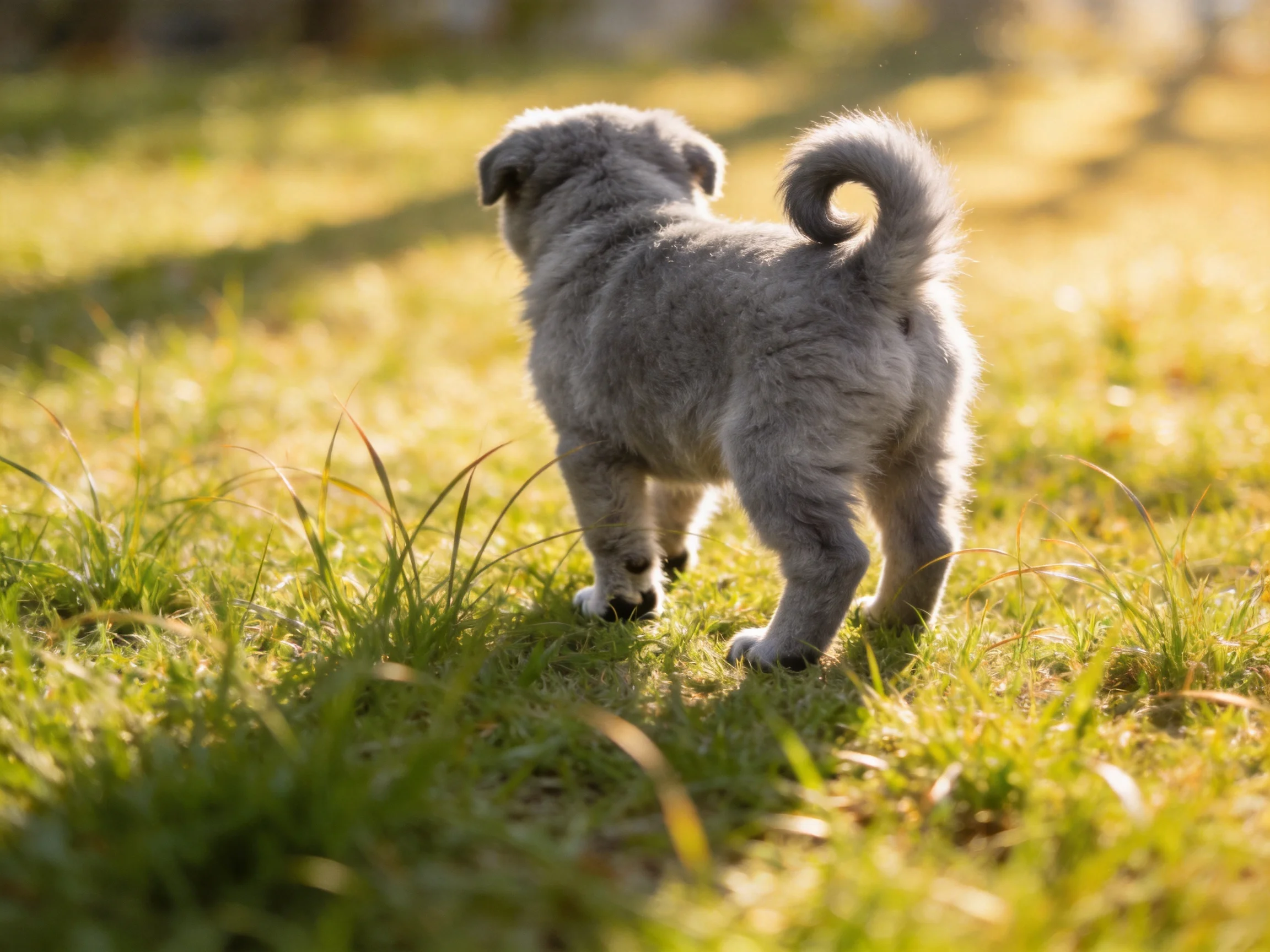 A gray puppy roams through a sunlit grassy area.