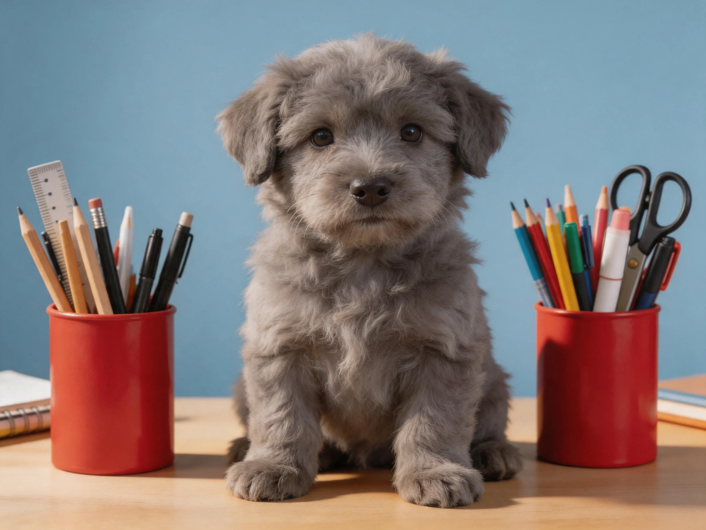 A gray puppy sits between two red containers with stationery.