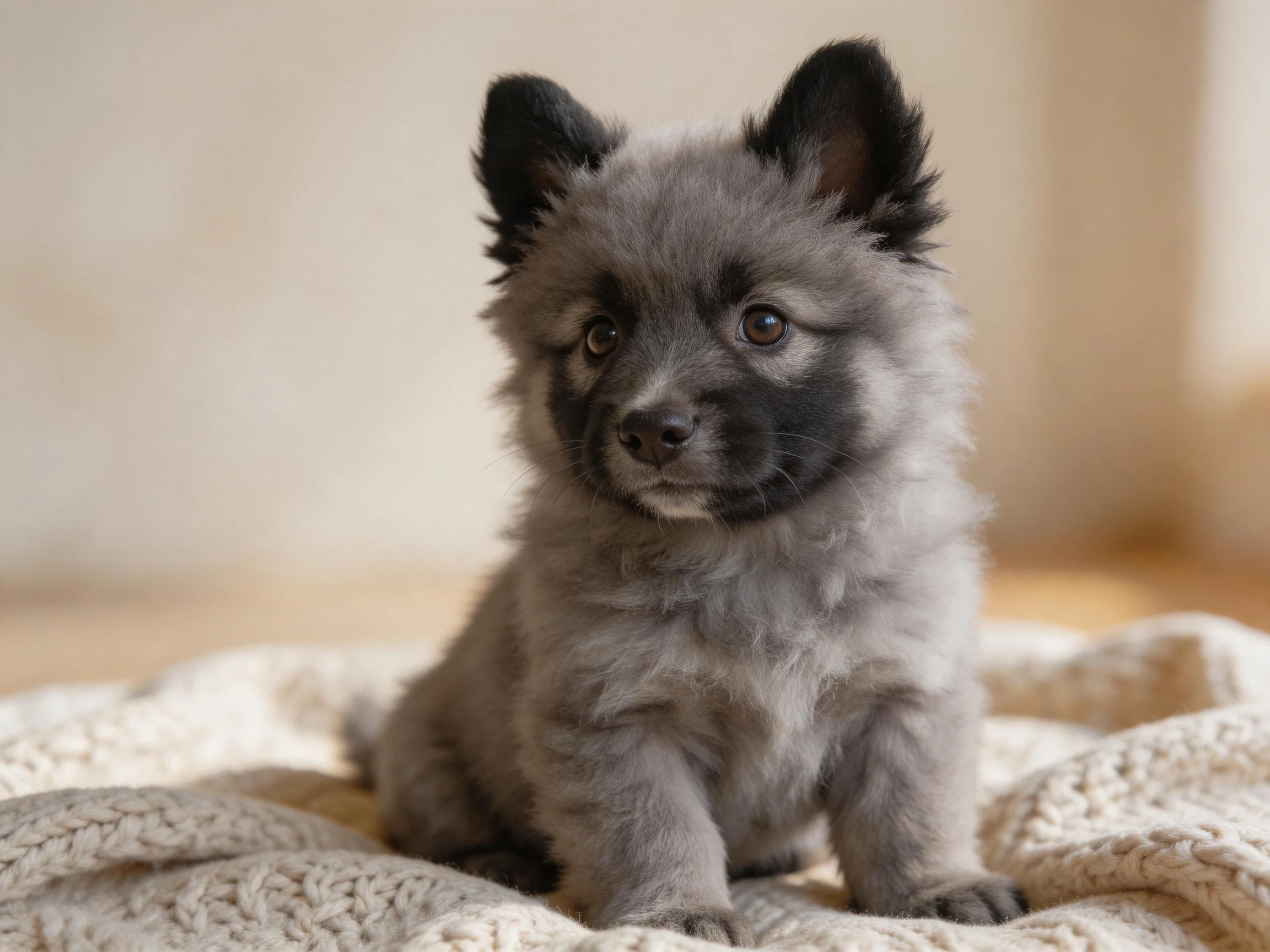 A fluffy gray puppy rests on a soft cream blanket.