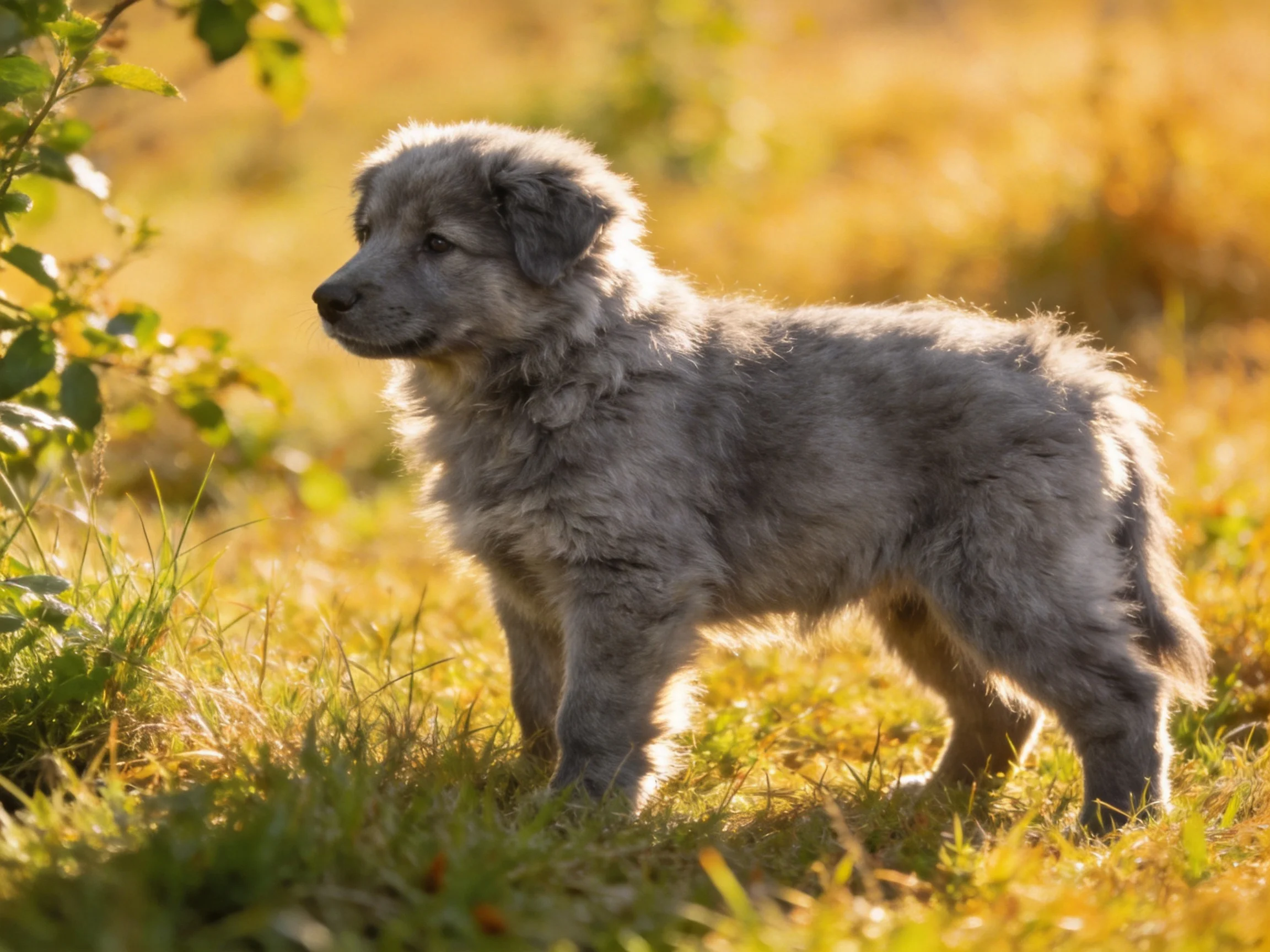 A gray puppy stands in a sunlit grassy area near greenery.