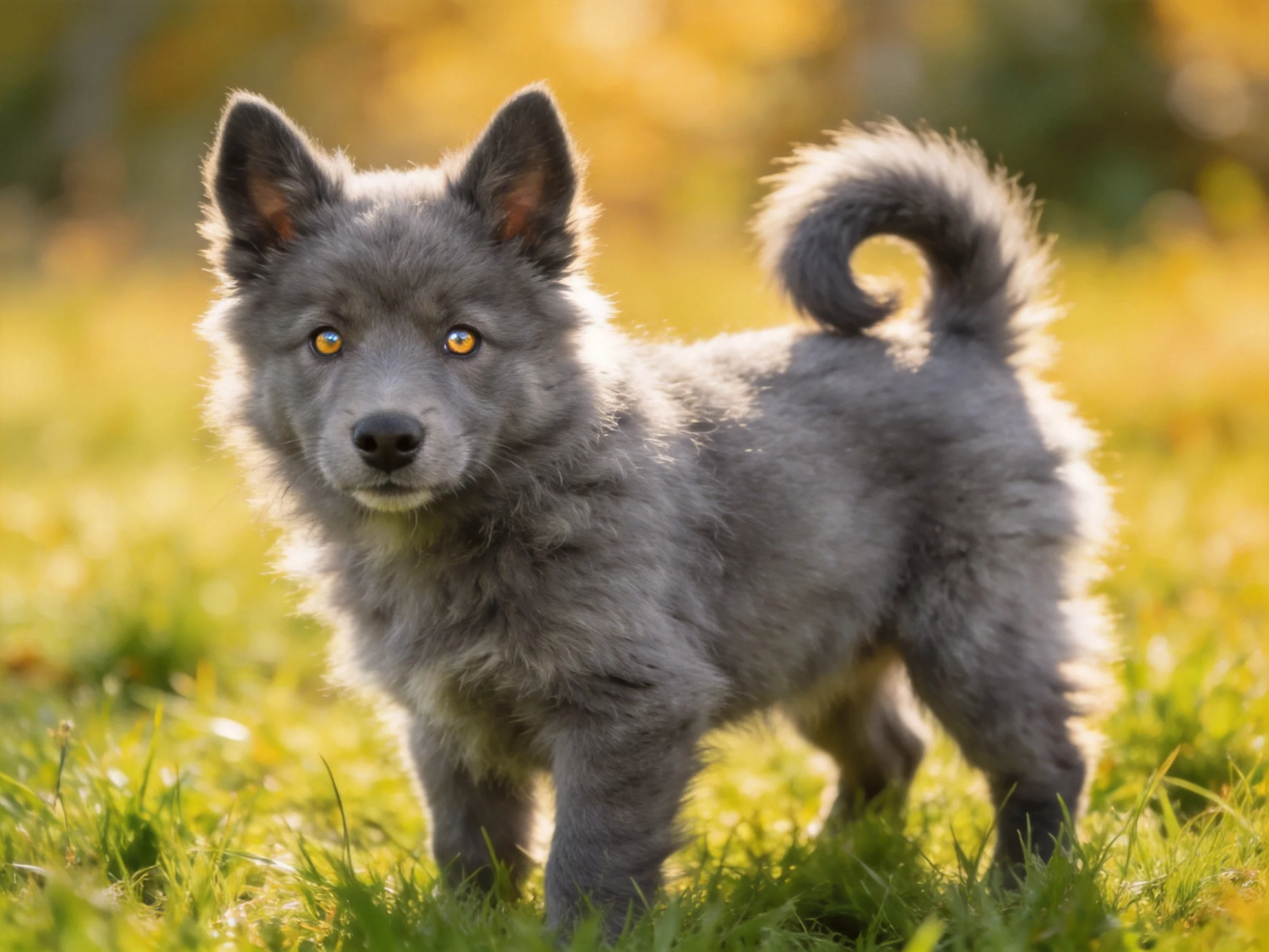 A fluffy gray puppy stands alert in a sunlit grassy field.