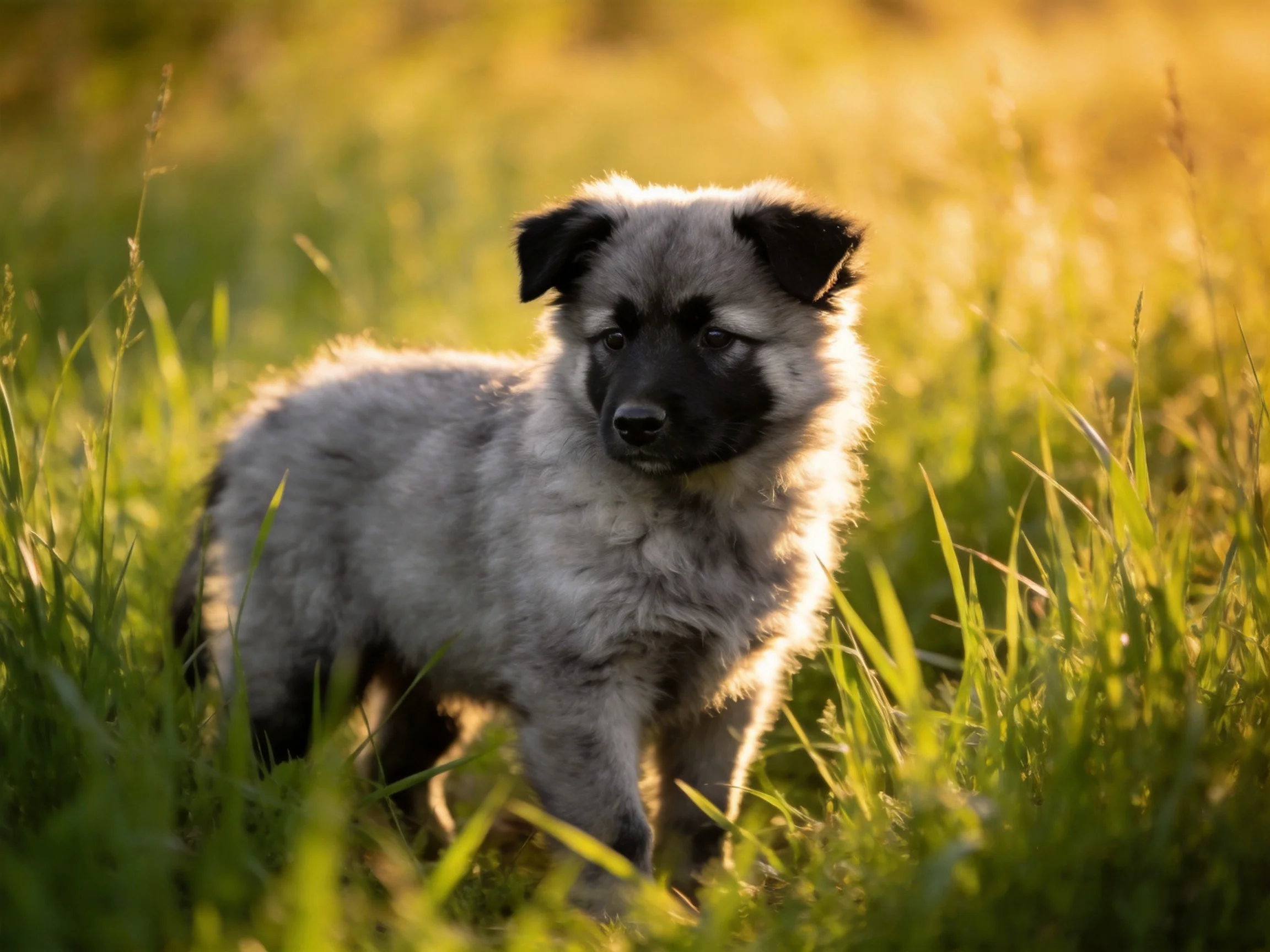 A fluffy gray puppy is surrounded by tall green grass in a sunlit area.