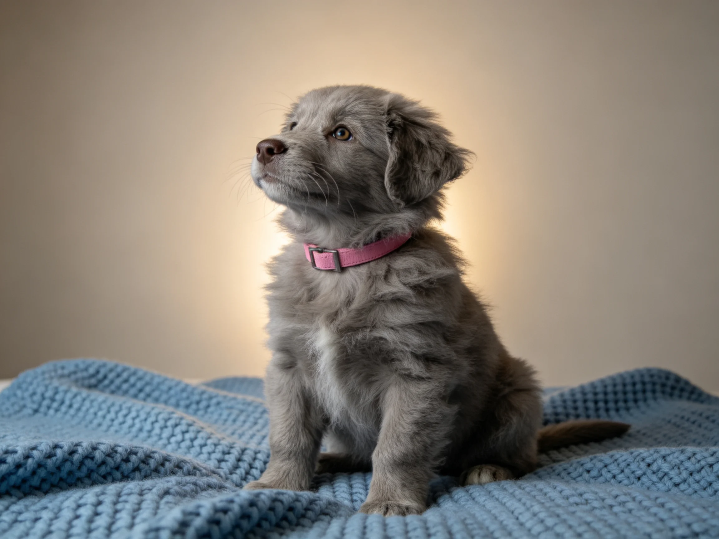A gray puppy with a pink collar sits calmly on a blue blanket.