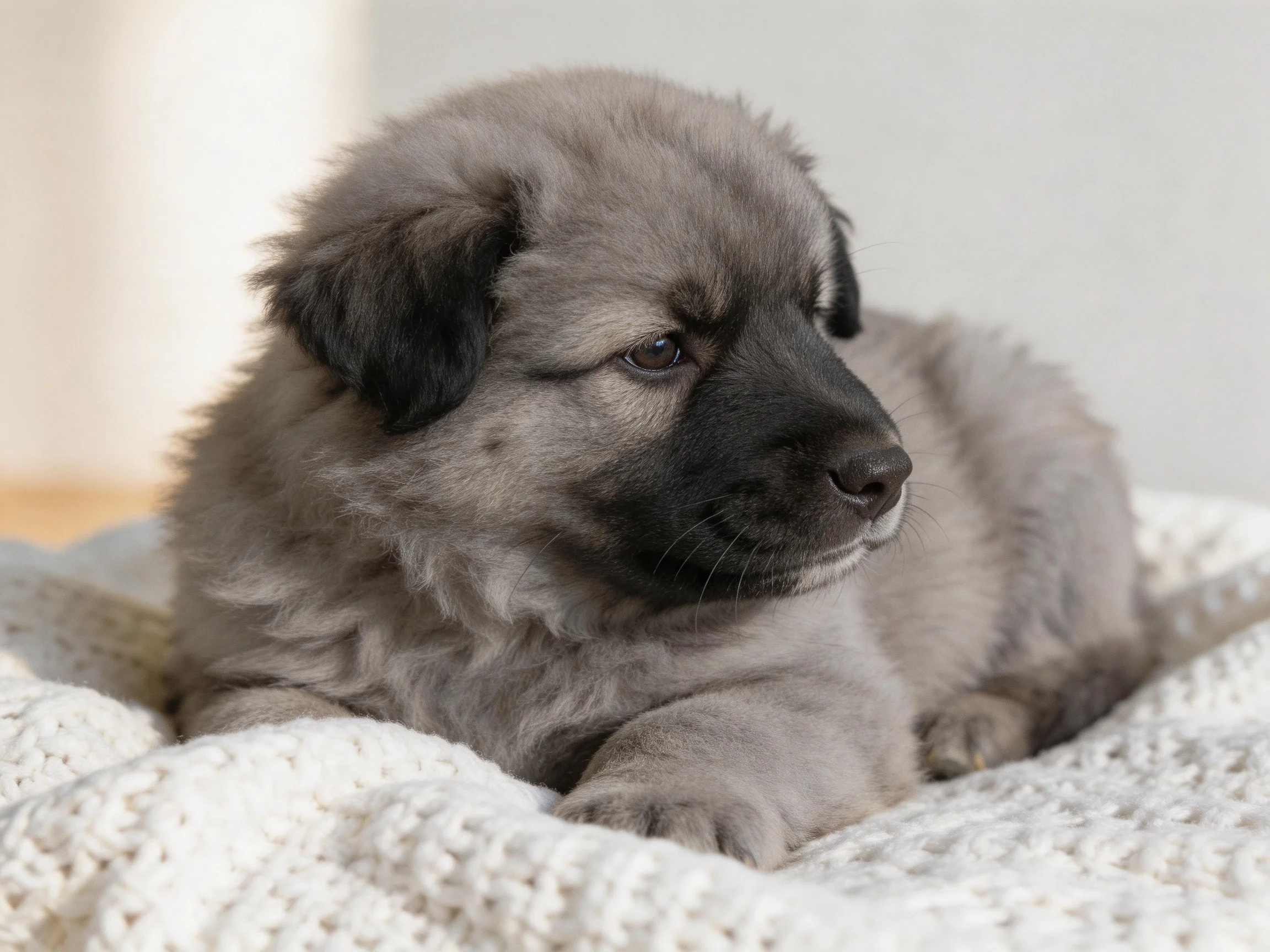 A gray puppy with dark facial markings rests on a white blanket