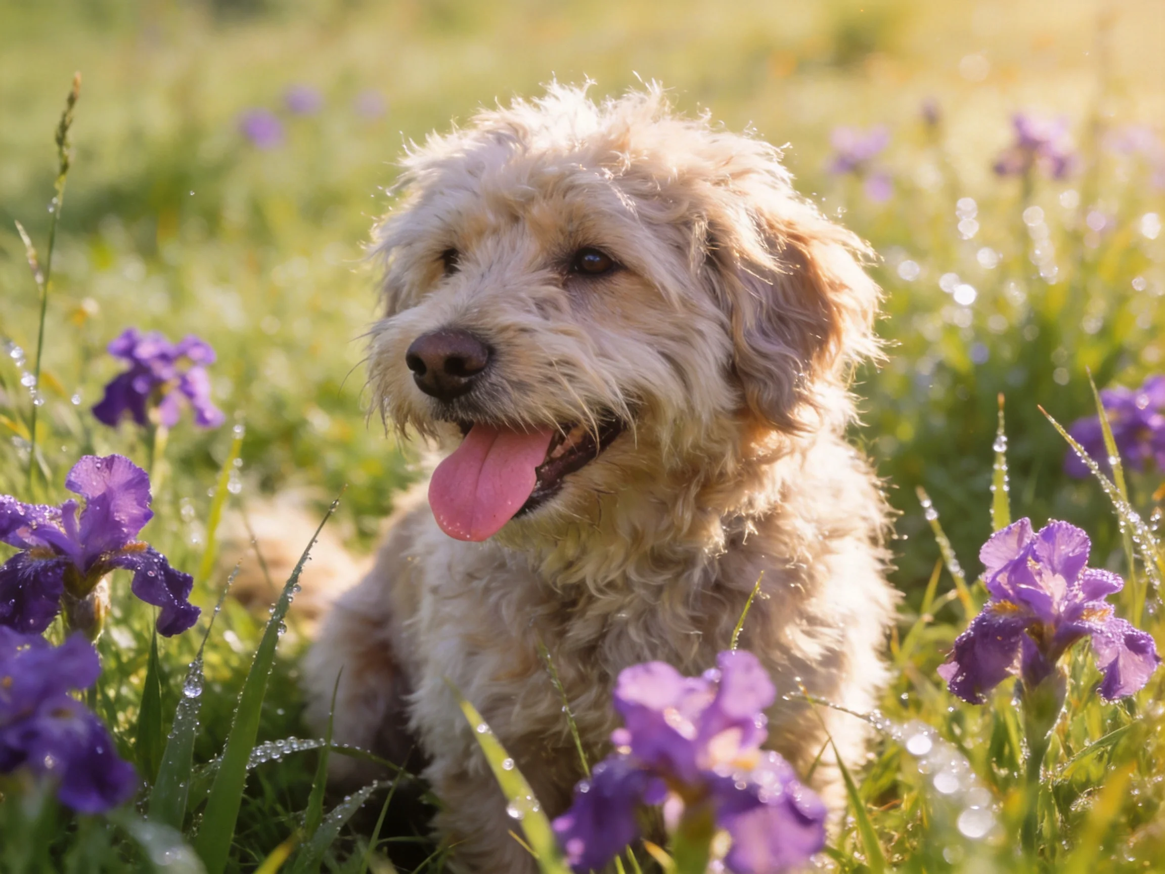 A happy dog is surrounded by purple flowers in a sunlit outdoor setting