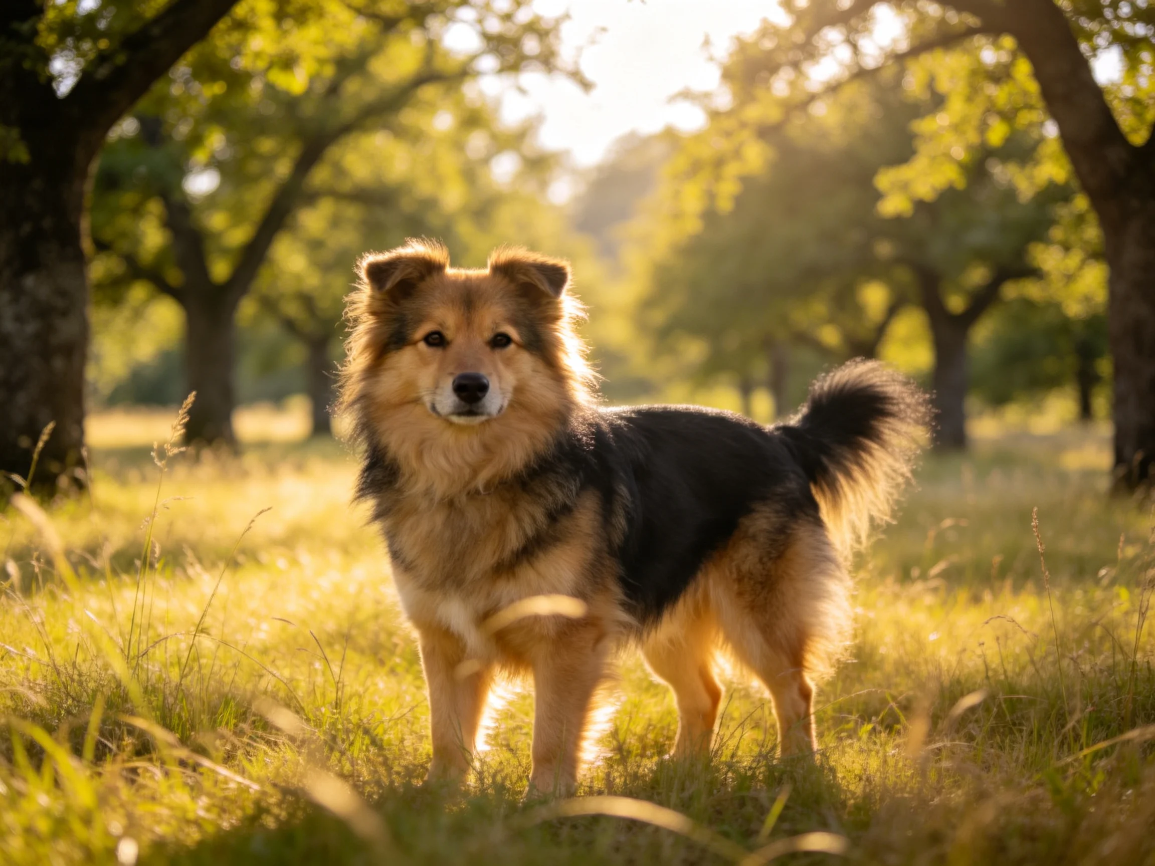 A fluffy mixed-breed dog in a sun-dappled forest clearing