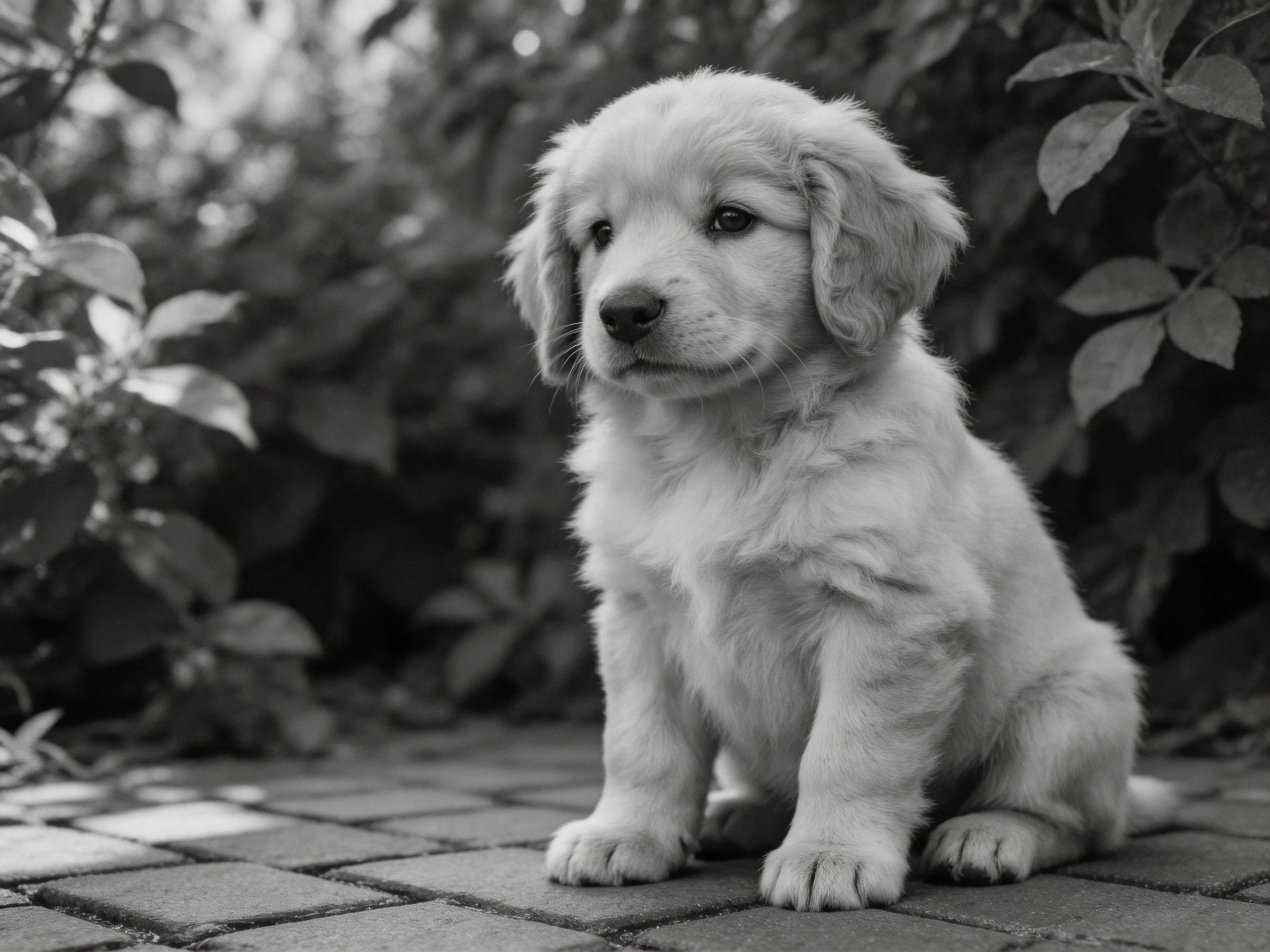 A fluffy puppy sits on a brick path near dense foliage