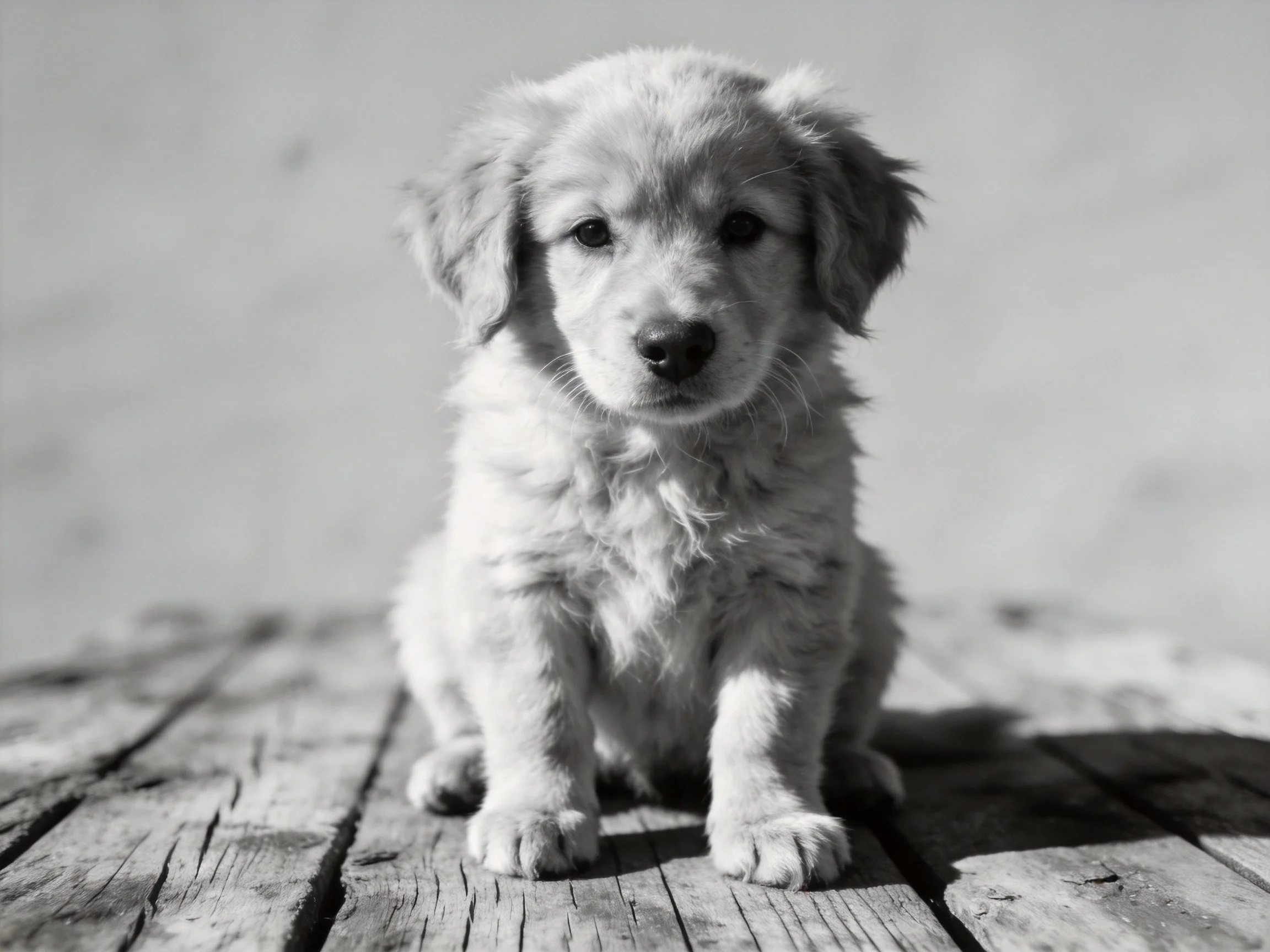 A fluffy puppy sits on weathered wooden planks in a monochrome photograph.