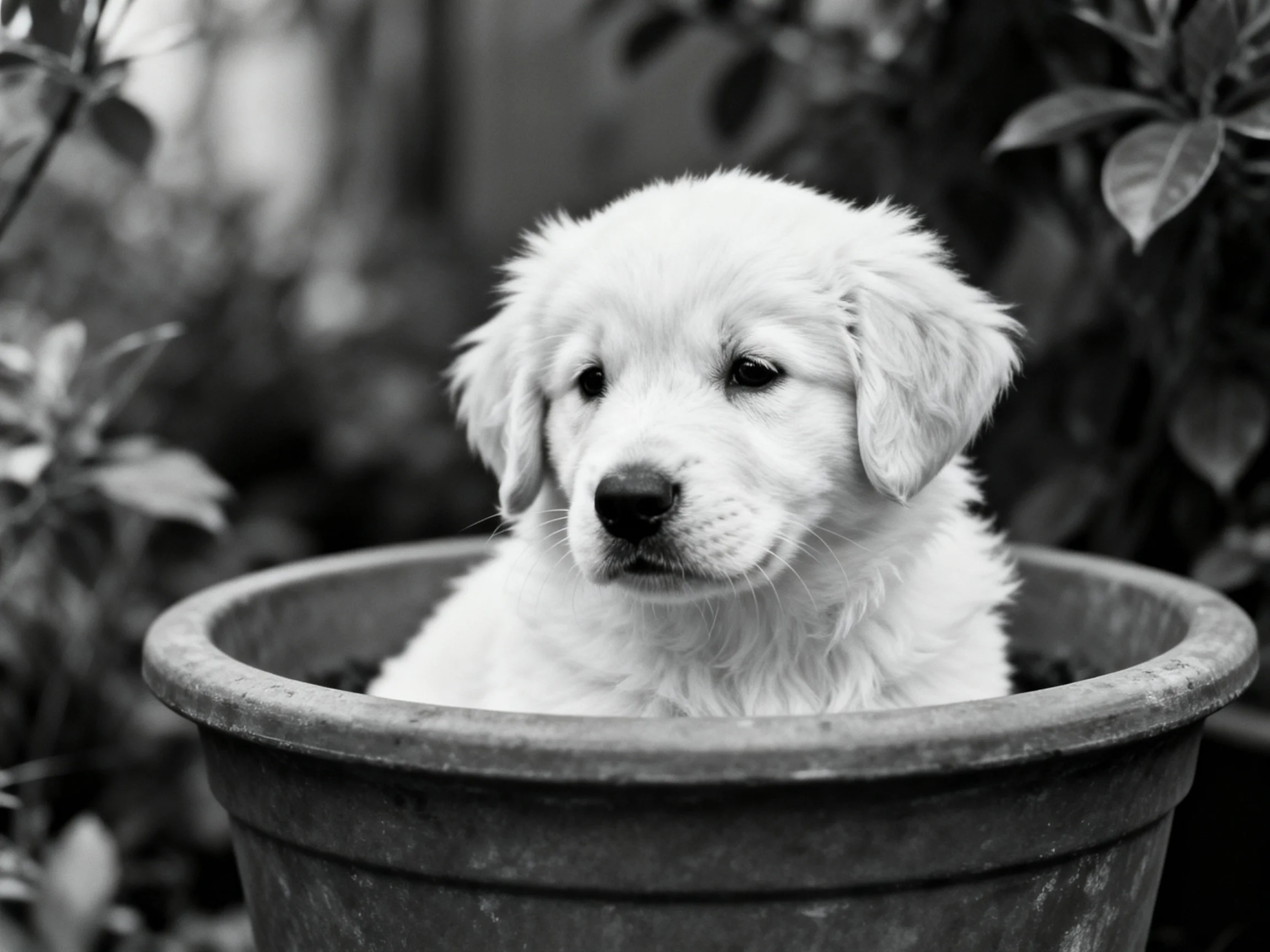 A fluffy puppy sitting in a large flower pot outdoors