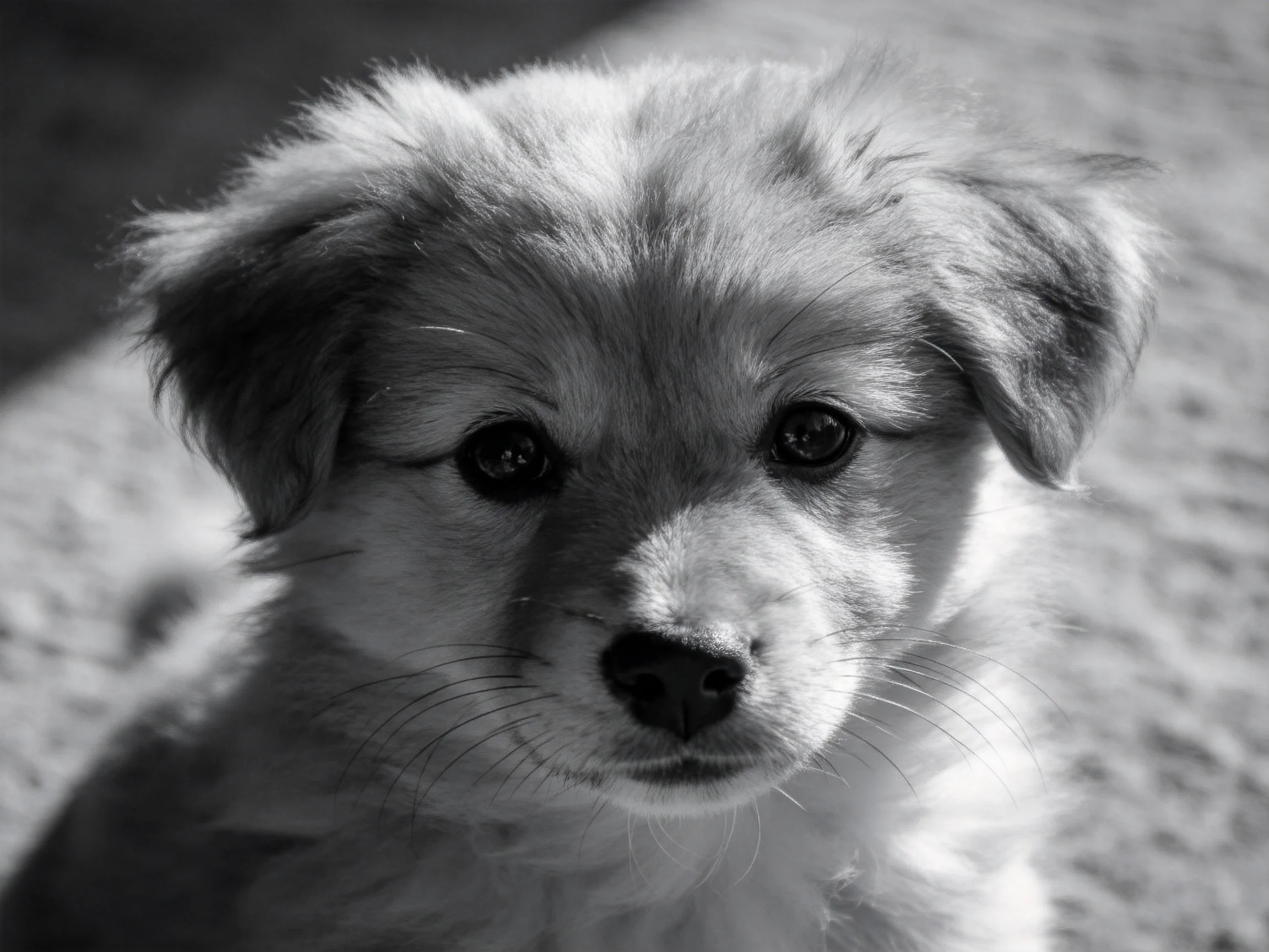 A fluffy puppy with soft fur in a monochrome close - up portrait